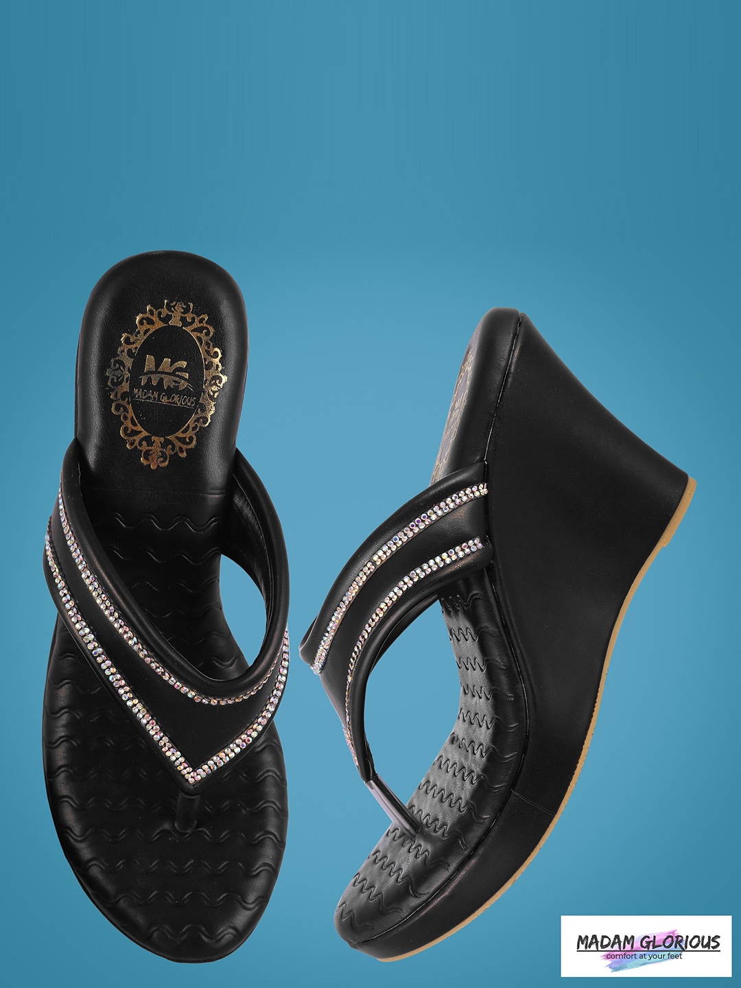 

madam glorious Embellished Party Wedge Heels, Black