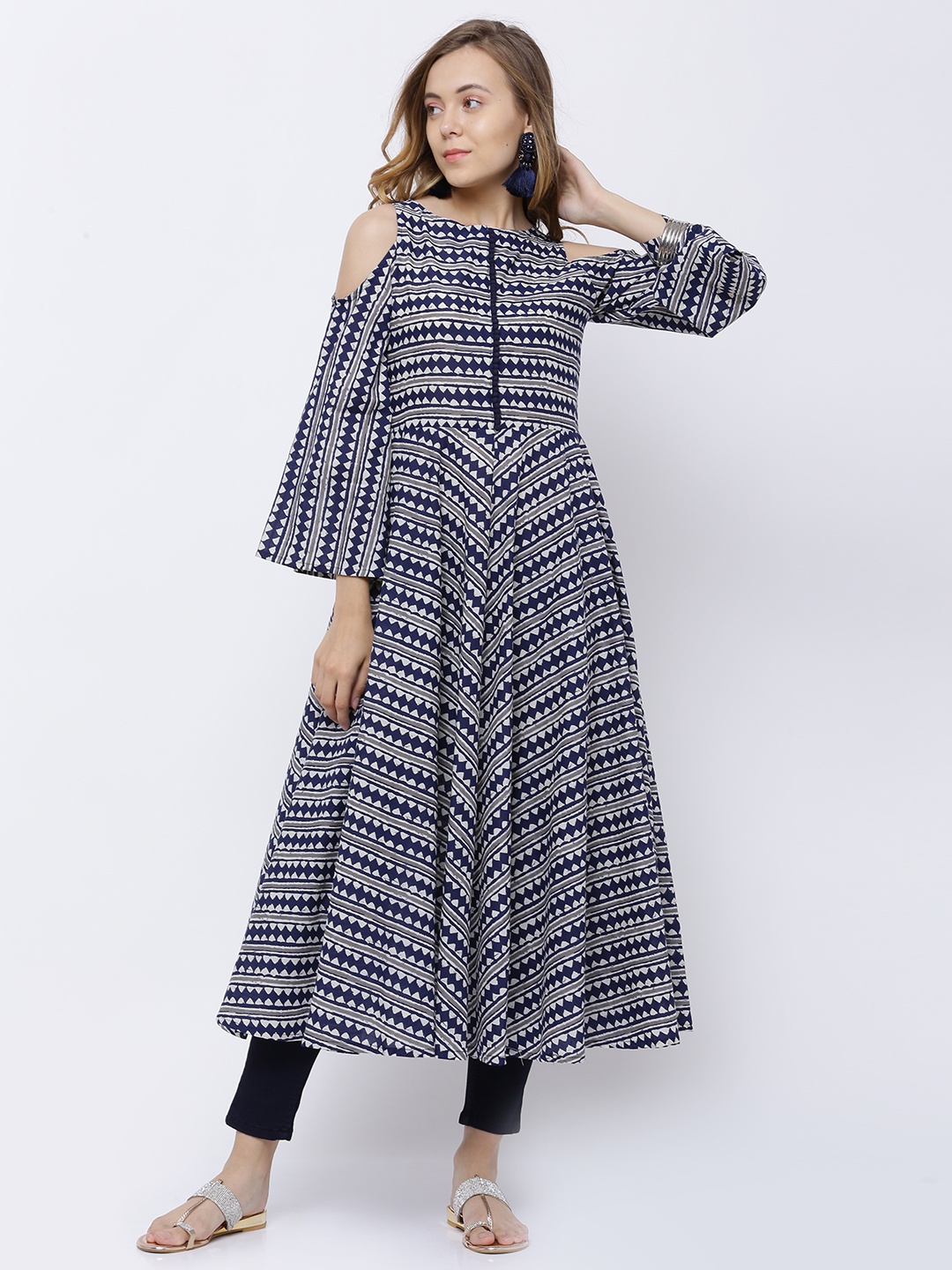 

Vishudh Women Navy Blue & Cream-Coloured Printed A-Line Kurta