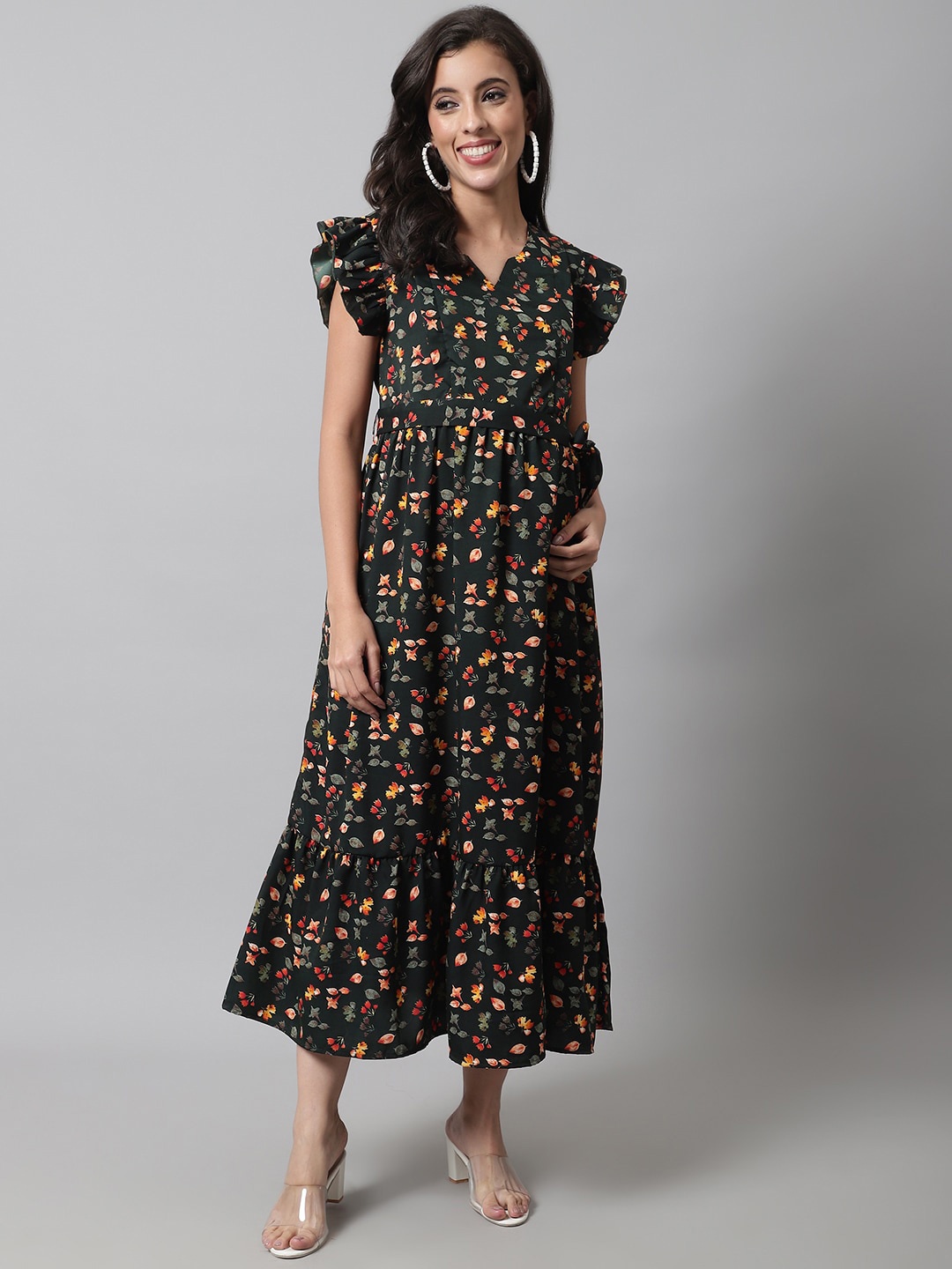 

Frempy Floral Crepe Maternity Midi Dress, Black