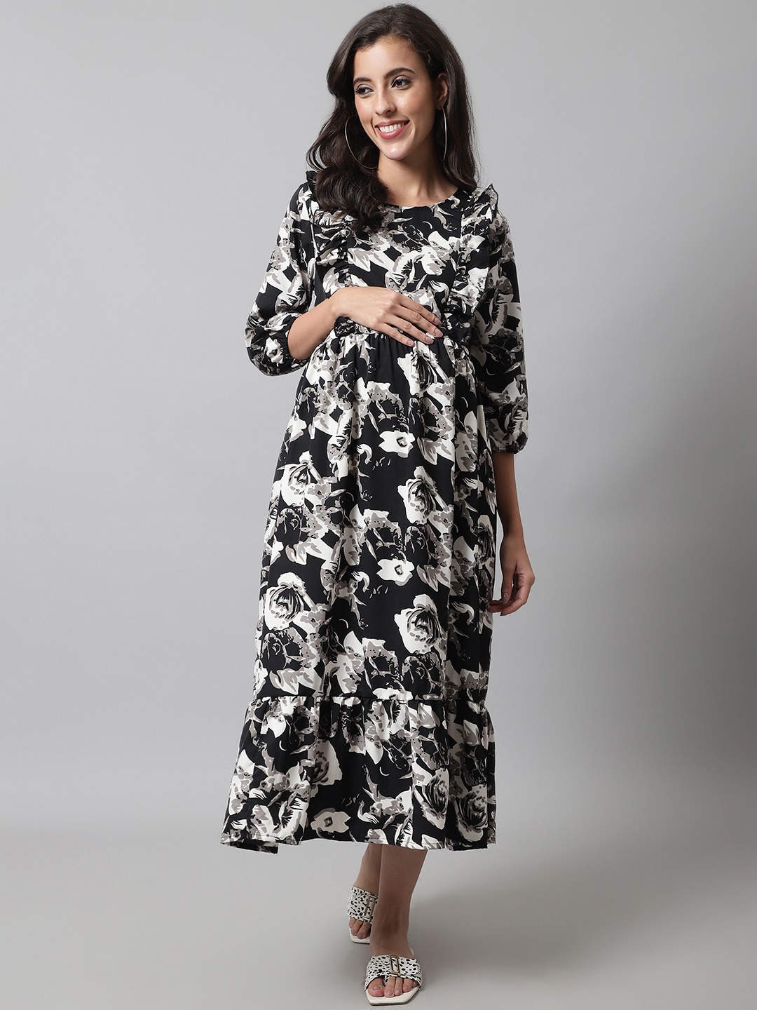 

Frempy Floral Crepe Maternity Midi Dress, Black