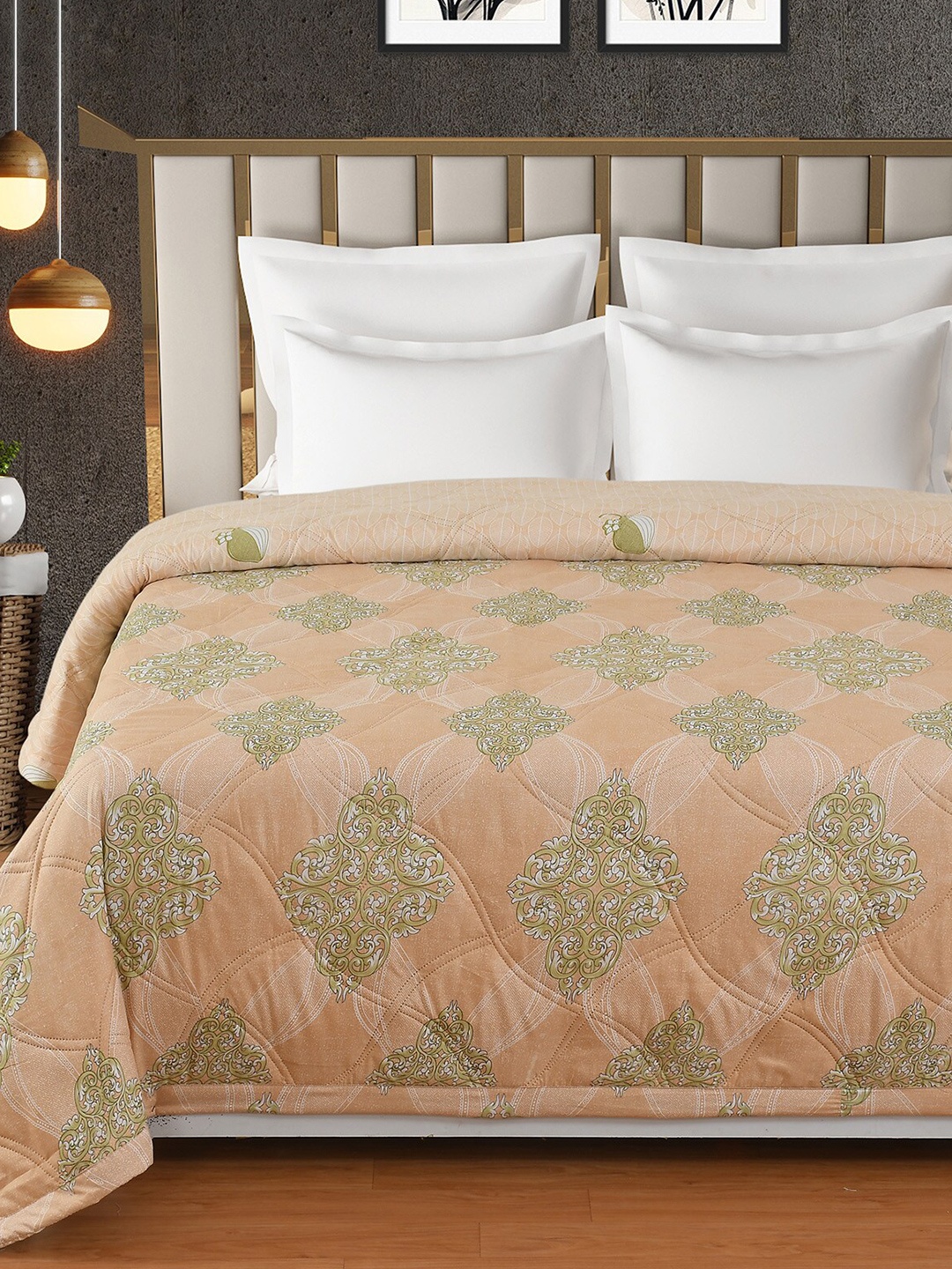 

Florida Beige & Green Ethnic Motifs AC Room 120 GSM Double Reversible Bed Comforter