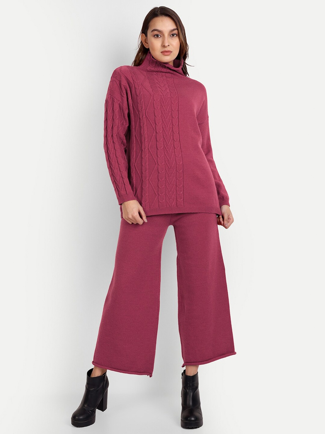 

iki chic Women Knitted Turtle Neck Sweater with Trousers, Pink