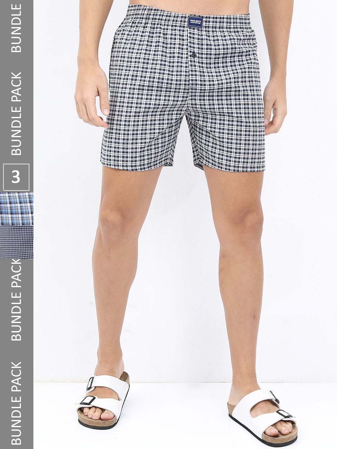 

HIGHLANDER Men Pack Of 3 Checked Boxer, Navy blue