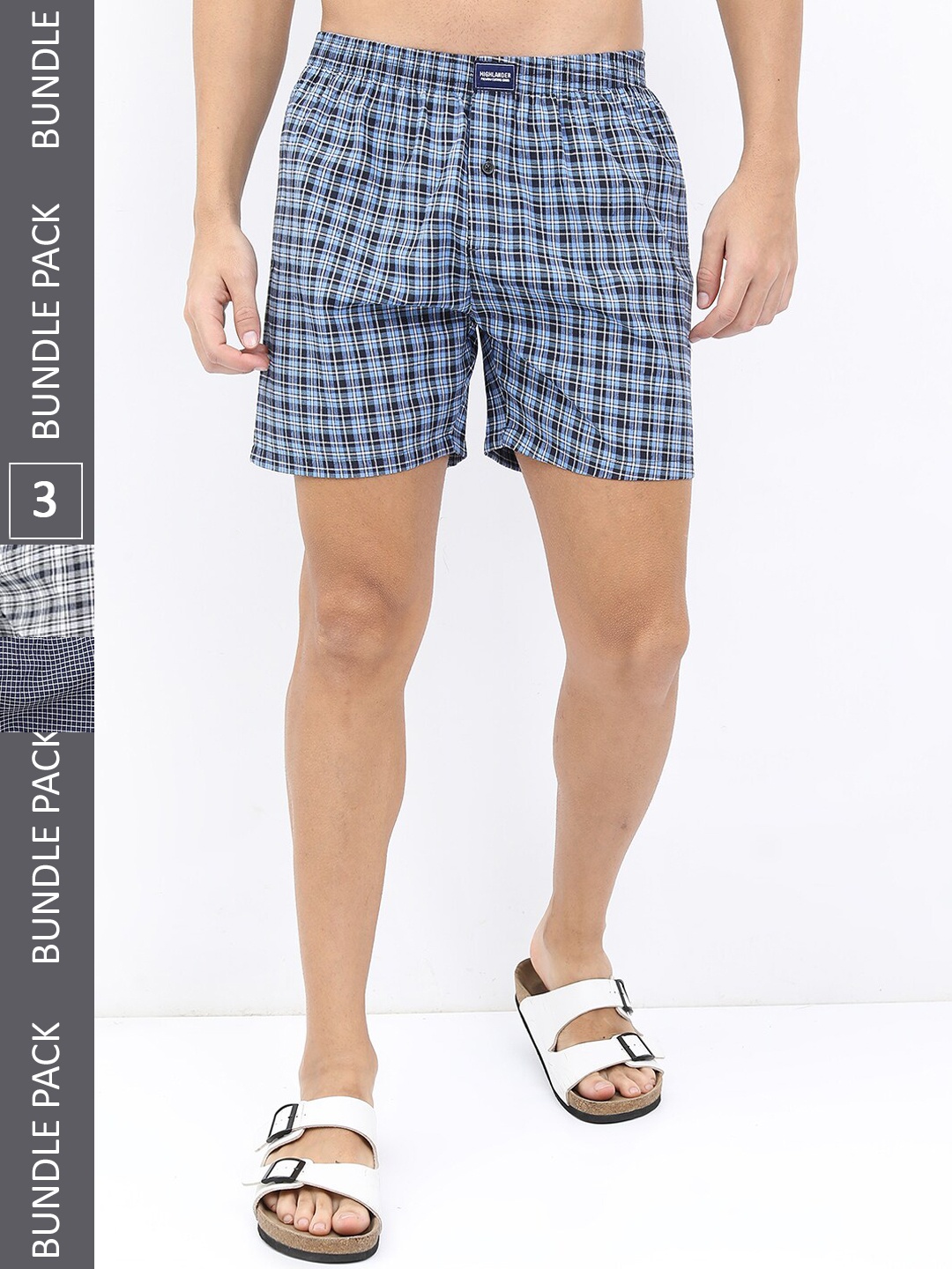 

HIGHLANDER Men Pack Of 3 Checked Boxers, Blue
