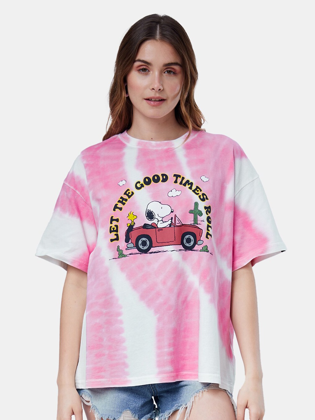 

The Souled Store Women Typography Printed Drop-Shoulder Sleeves Oversize Oversized T-shirt, Pink