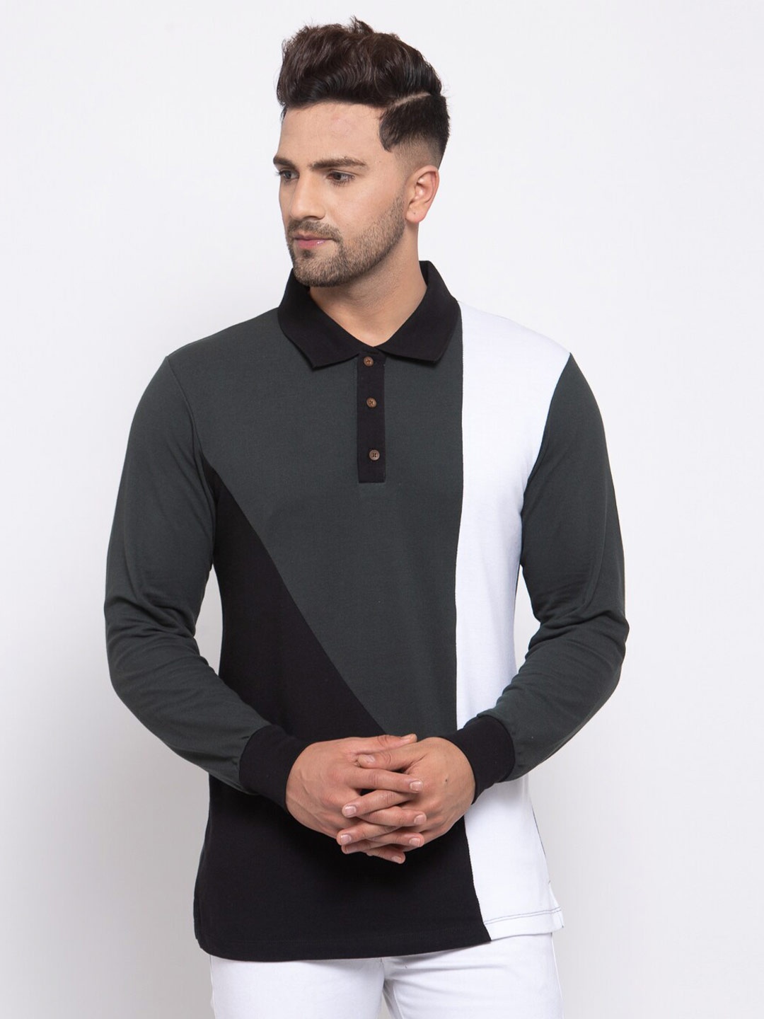 

Kalt Men Colourblocked Polo Collar T-shirt, Black