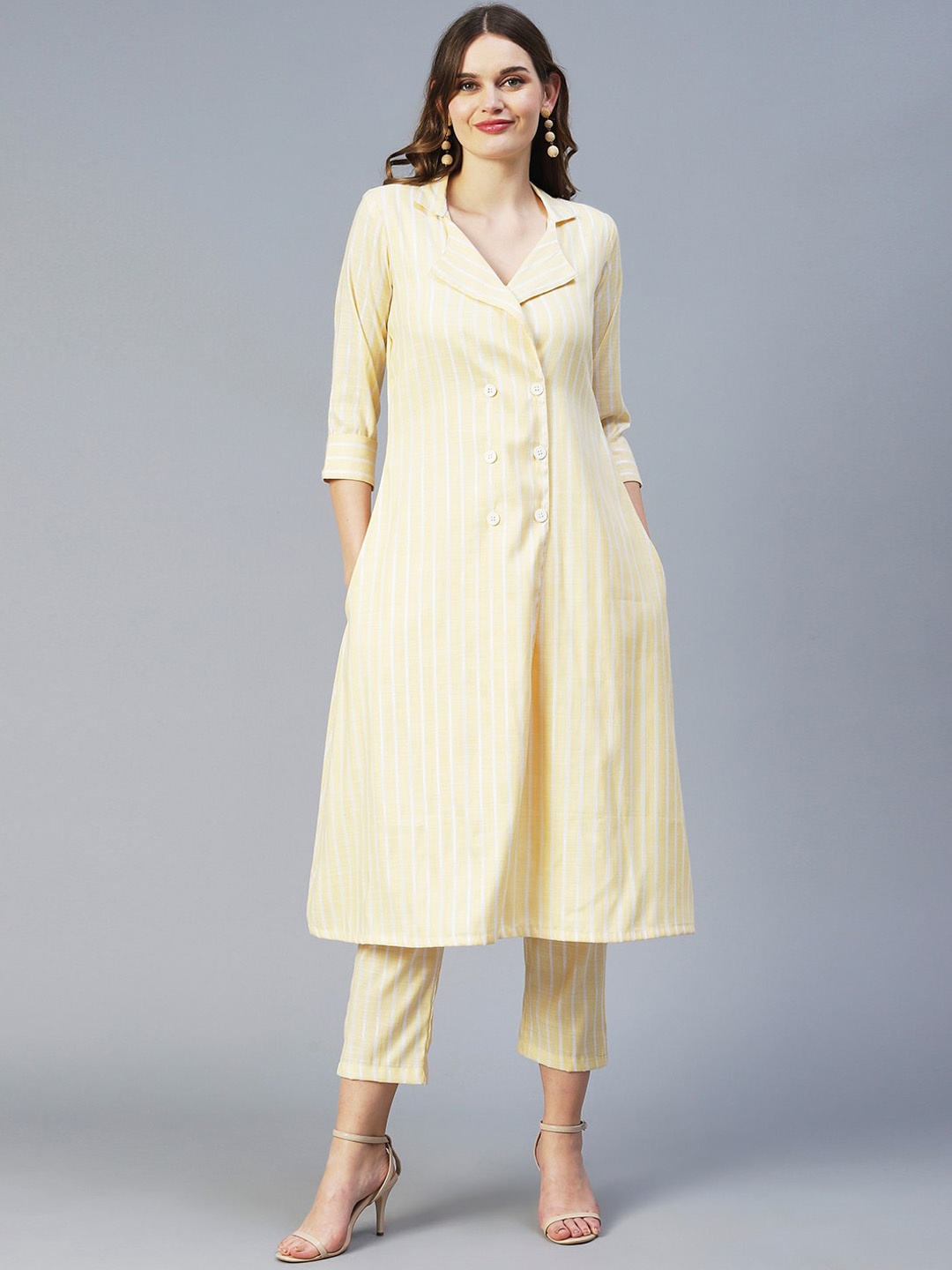 

FASHOR Women Striped Pure Cotton Shirt Collar Kurta with Trousers, Yellow