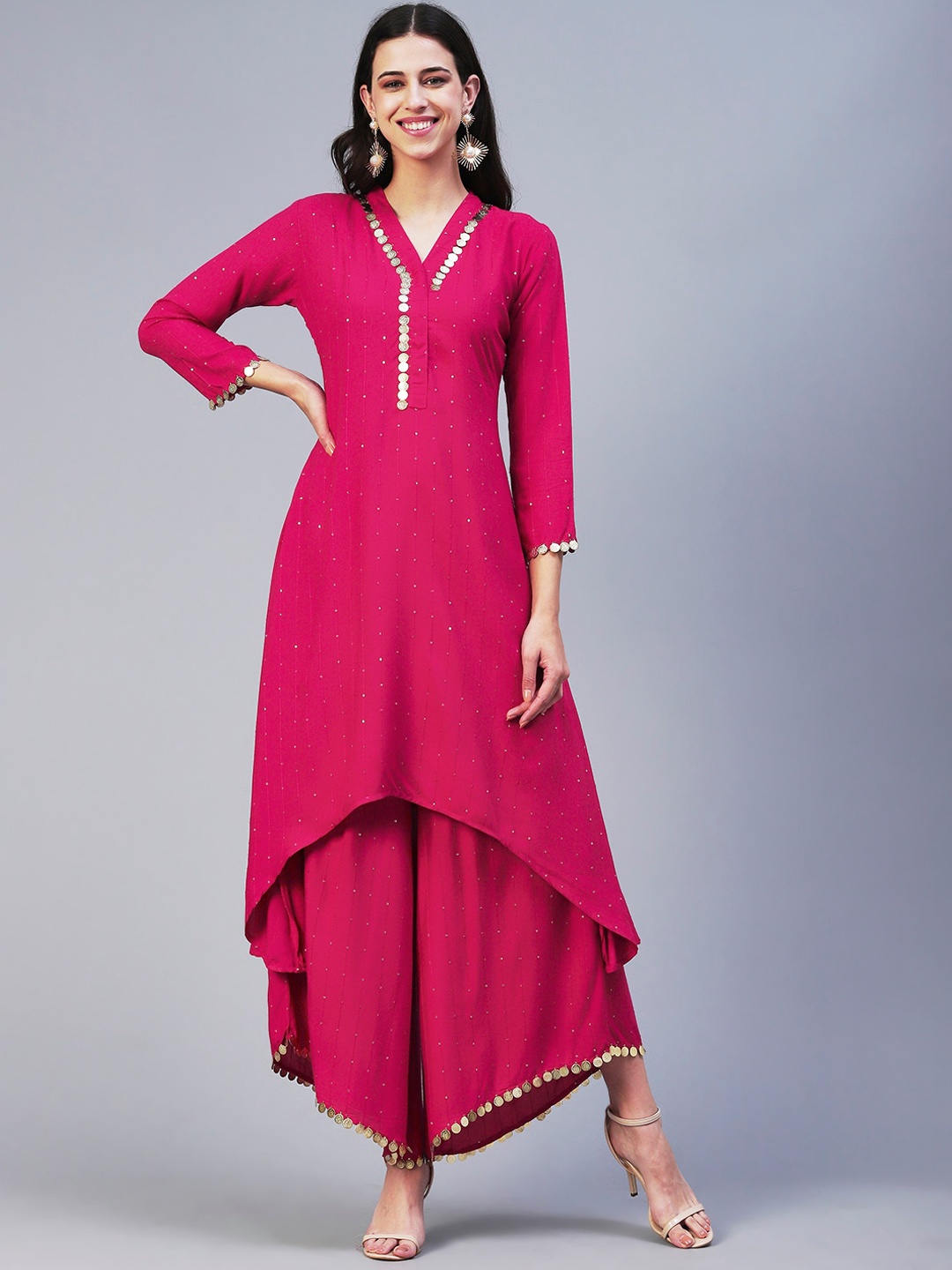 

FASHOR Women V-Neck Embellished Co-Ords, Fuchsia
