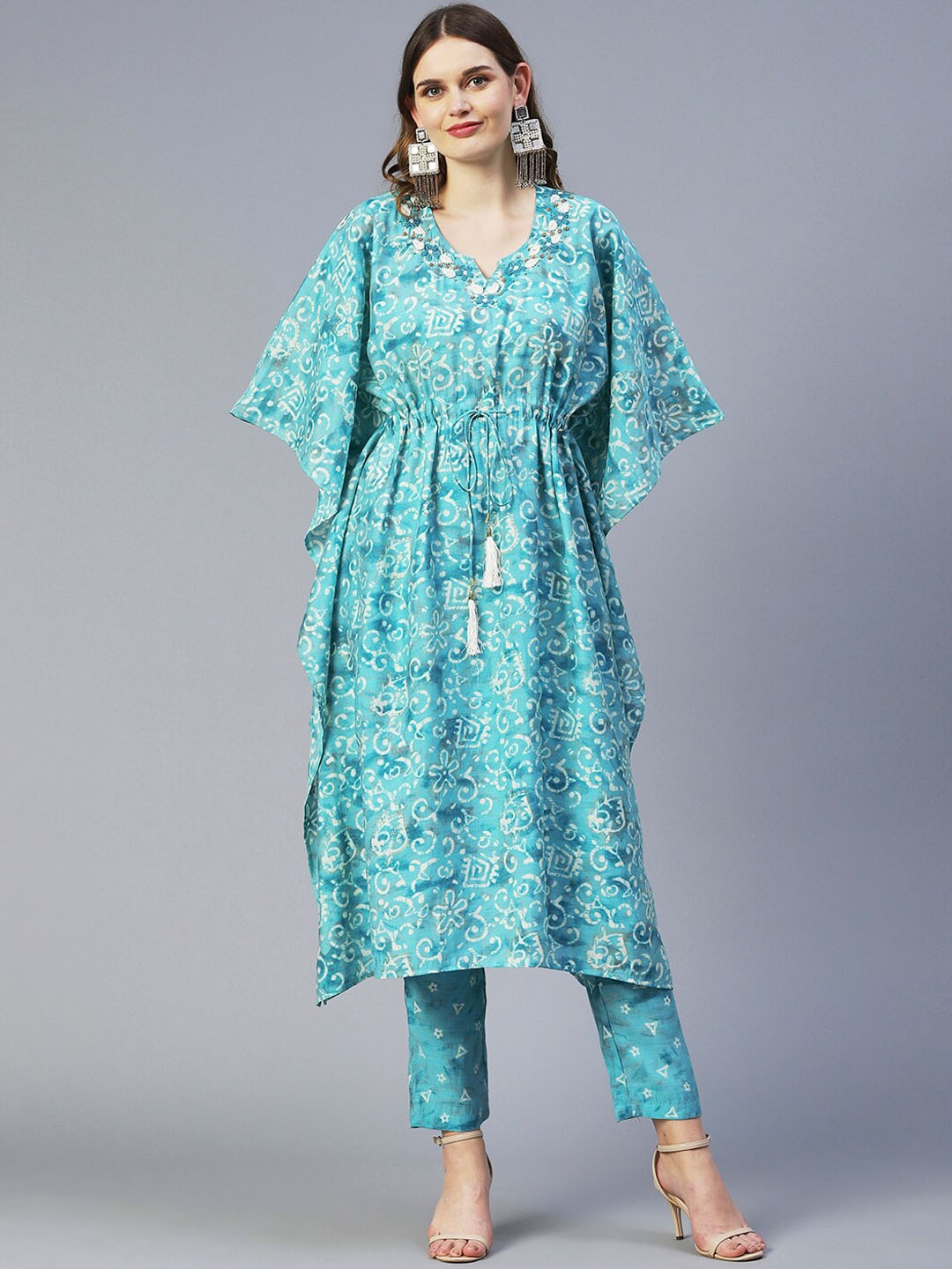 

FASHOR Women Printed Kurta with Trousers, Turquoise blue