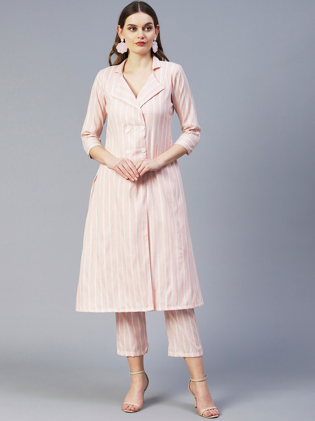 

FASHOR Women Striped Panelled Pure Cotton Kurta with Trousers, Peach