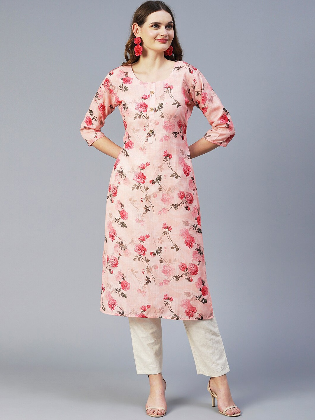 

FASHOR Women Floral Printed Kurta with Trousers, Peach