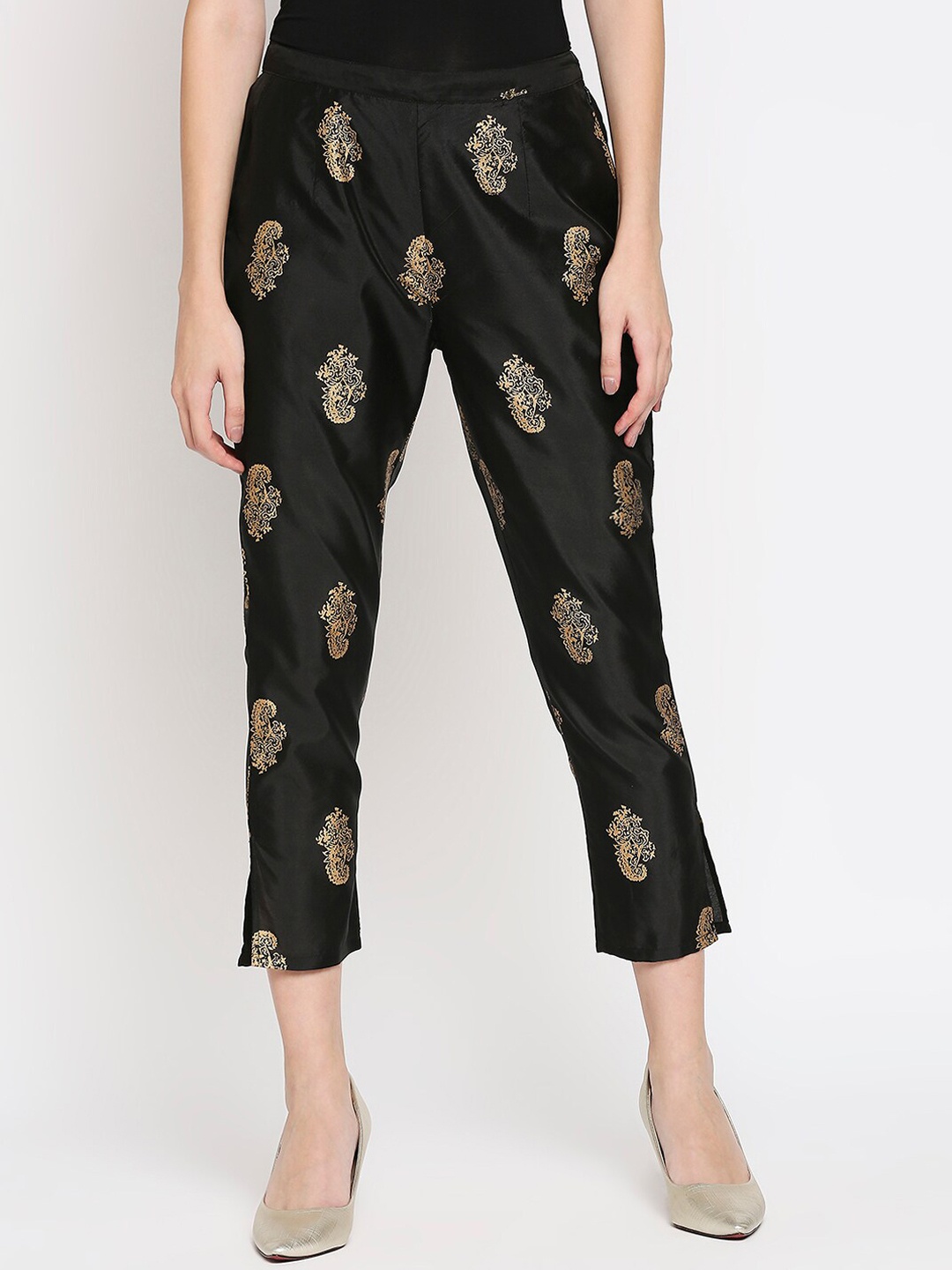 

Ira Soleil Women Ethnic Motifs Printed Easy Wash Trousers, Black