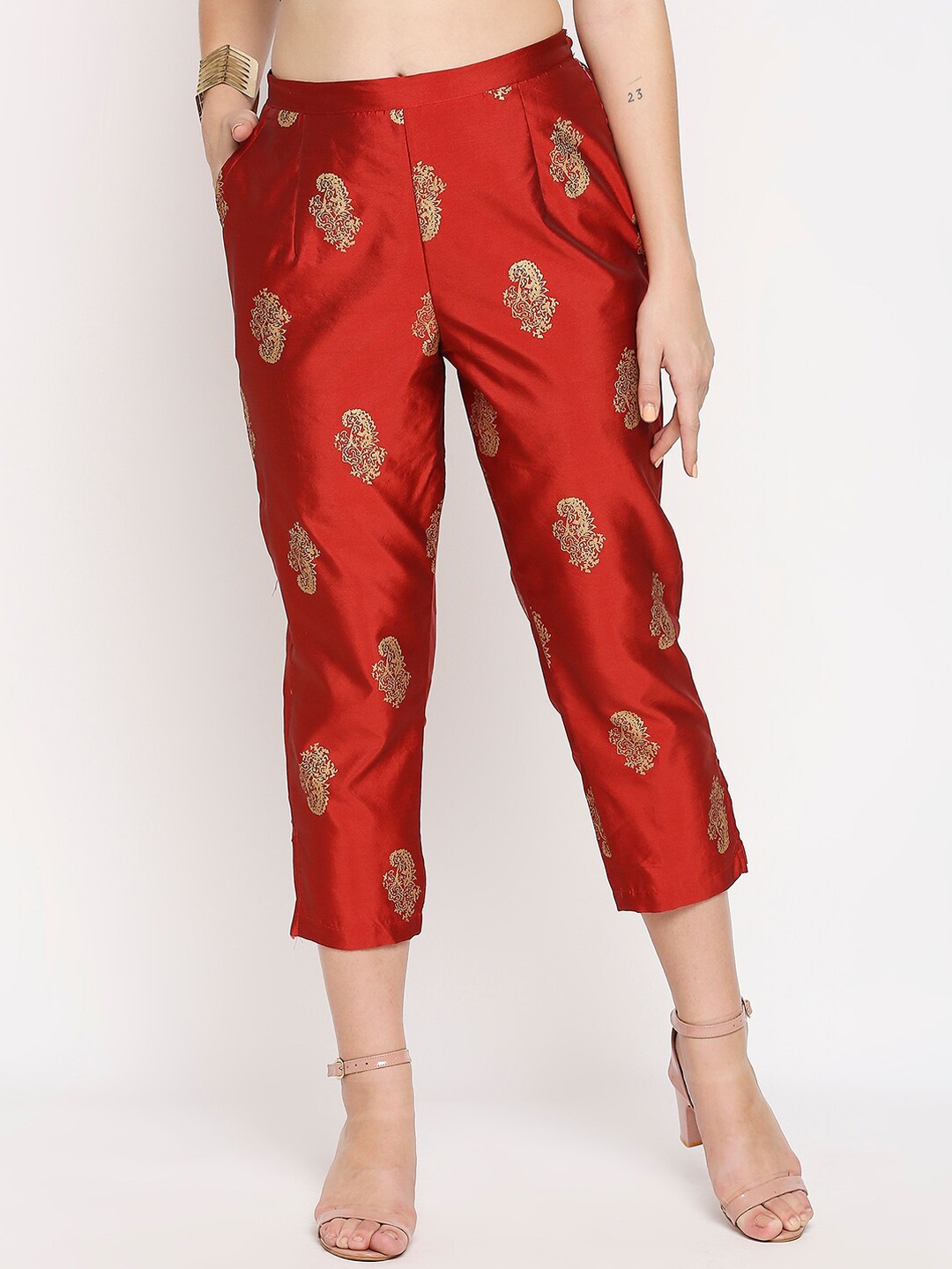 

Ira Soleil Women Ethnic Motifs Printed Easy Wash Trousers, Red