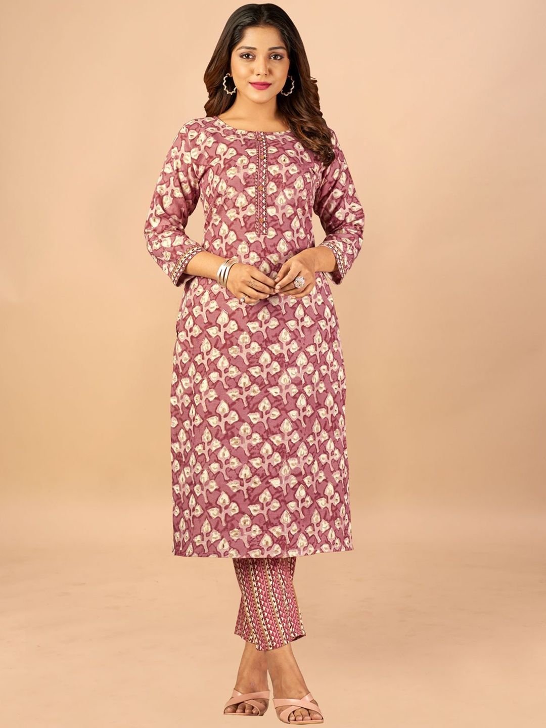 

KALINI Women Floral Printed Pure Cotton Kurta with Trousers, Pink