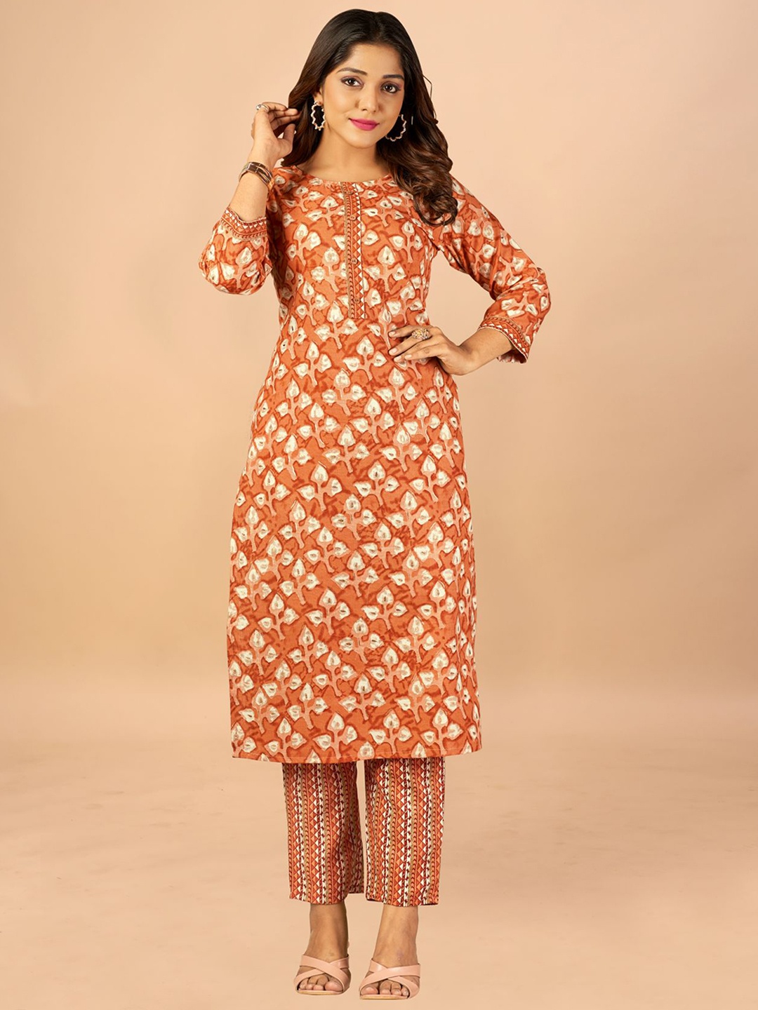 

KALINI Floral Printed Pure Cotton Kurta with Trousers, Orange