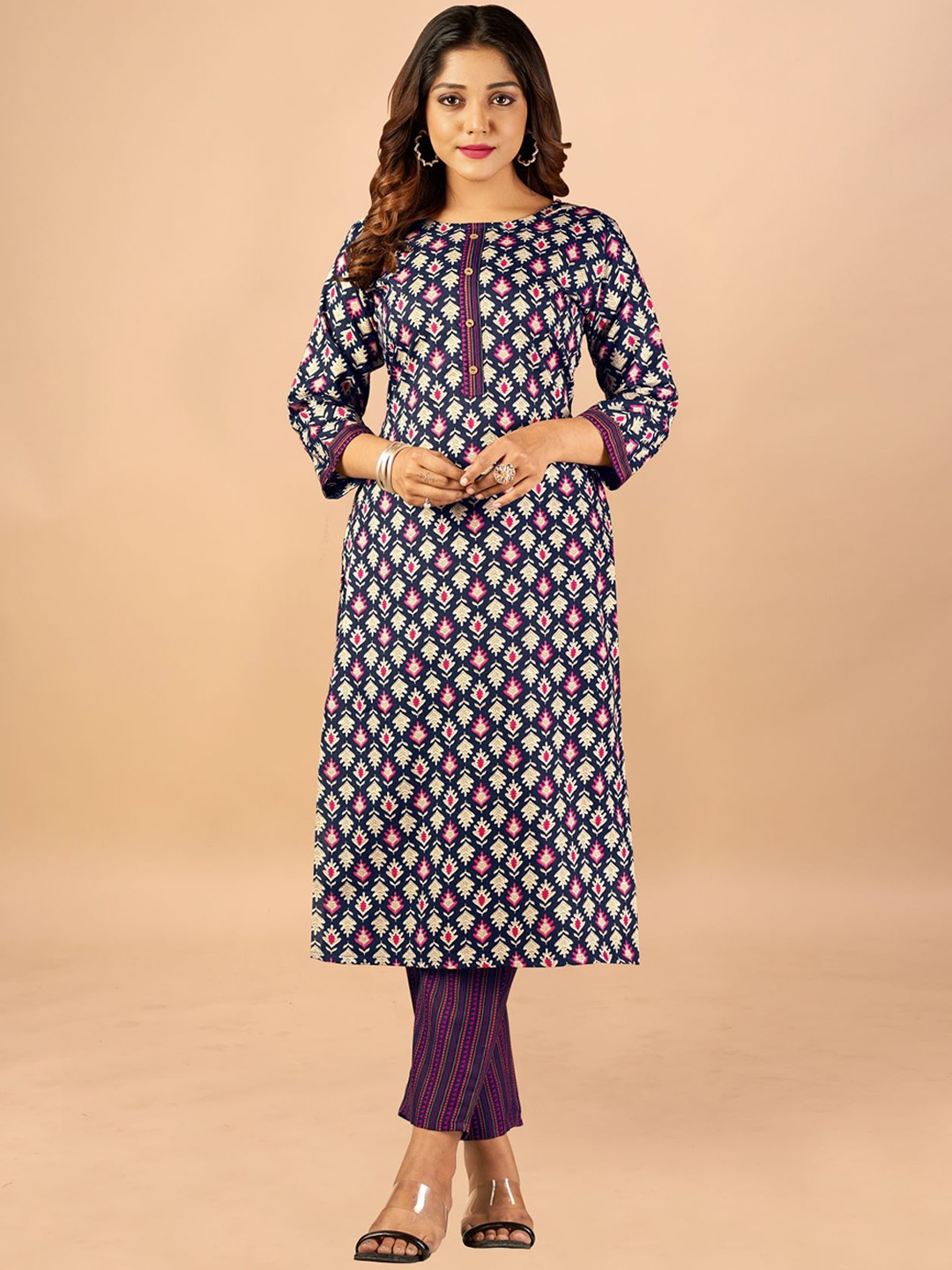 

KALINI Women Purple Floral Printed Pure Cotton Kurti with Trousers
