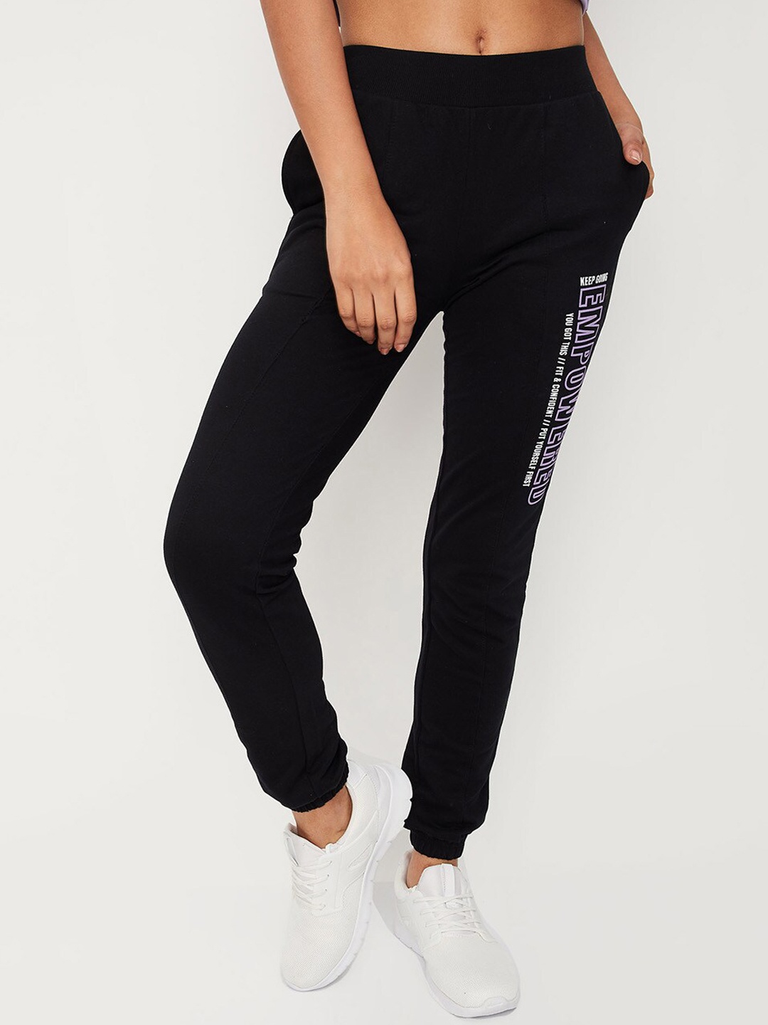 

max Women Printed Pure Cotton joggers, Black