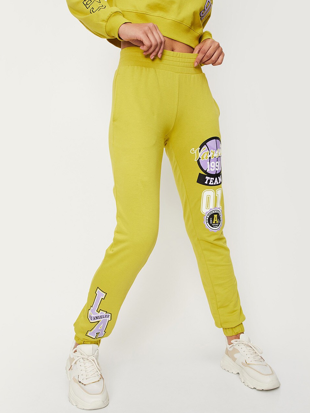 

max Women Printed Cotton Track Pants, Lime green