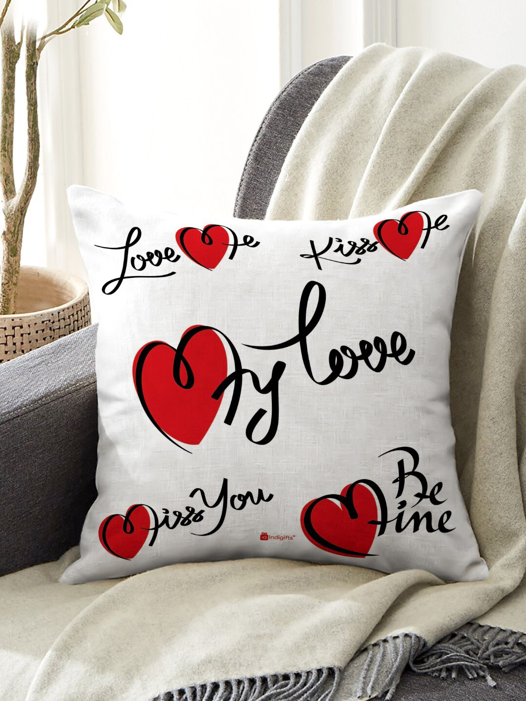 

Indigifts White & Red Printed Square Cushion