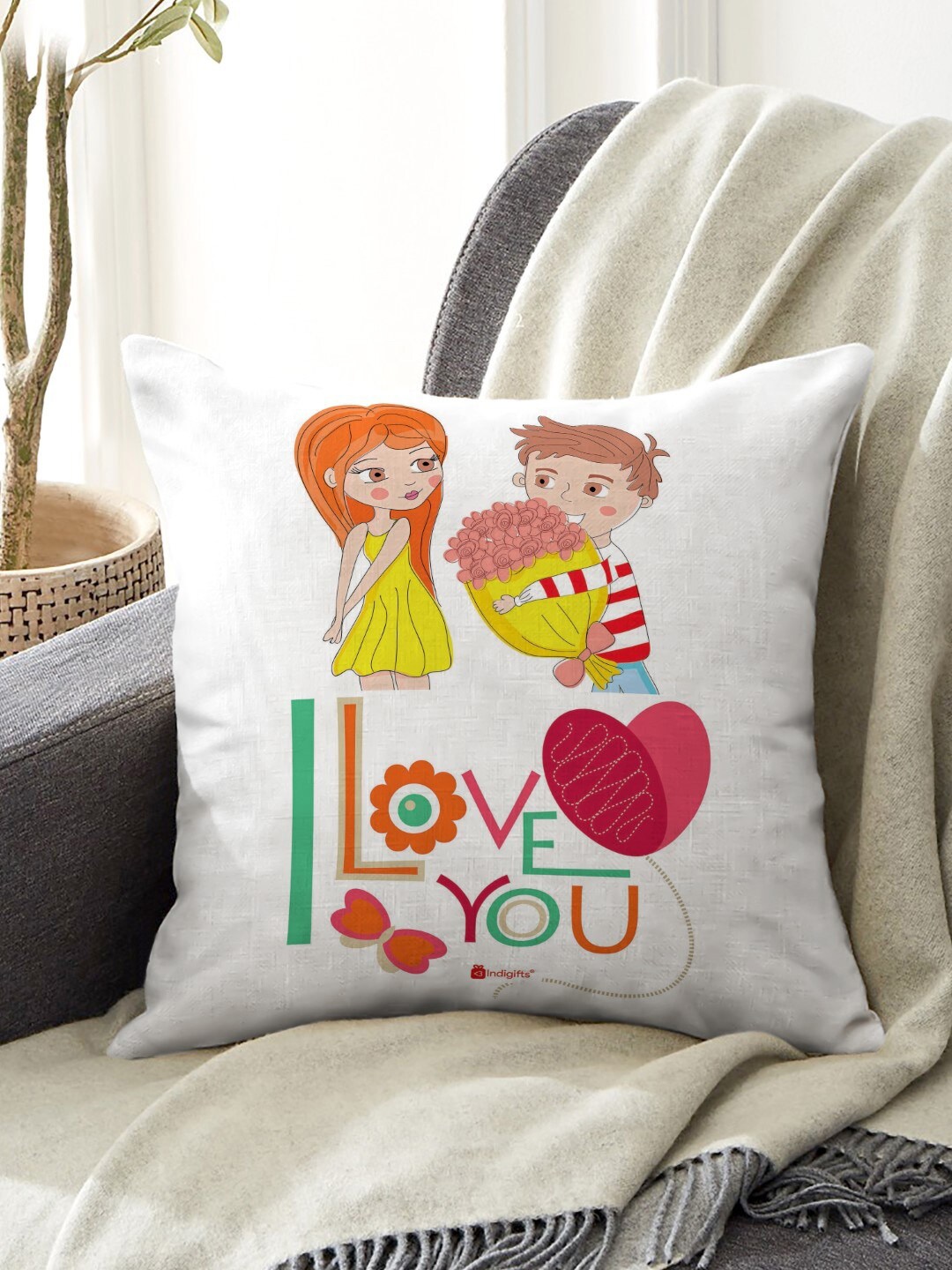 

Indigifts White & Red Printed Cushion Cover with Fiber Filler