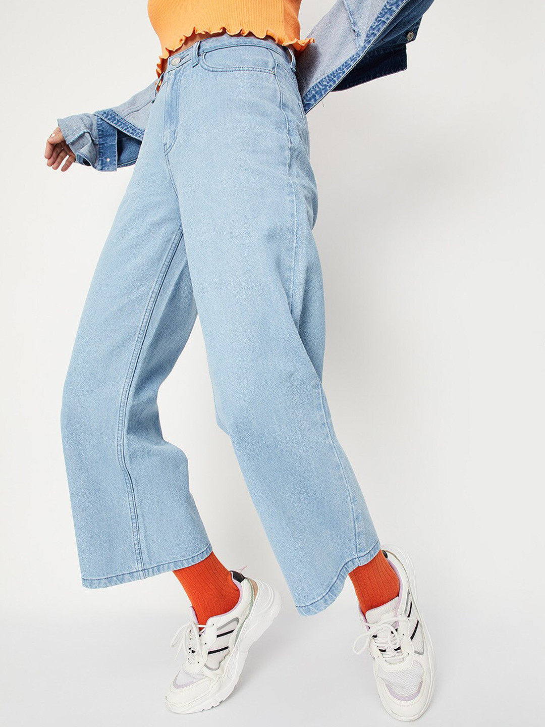 

max Women Light Blue Solid Regular Fit Cotton Trouser