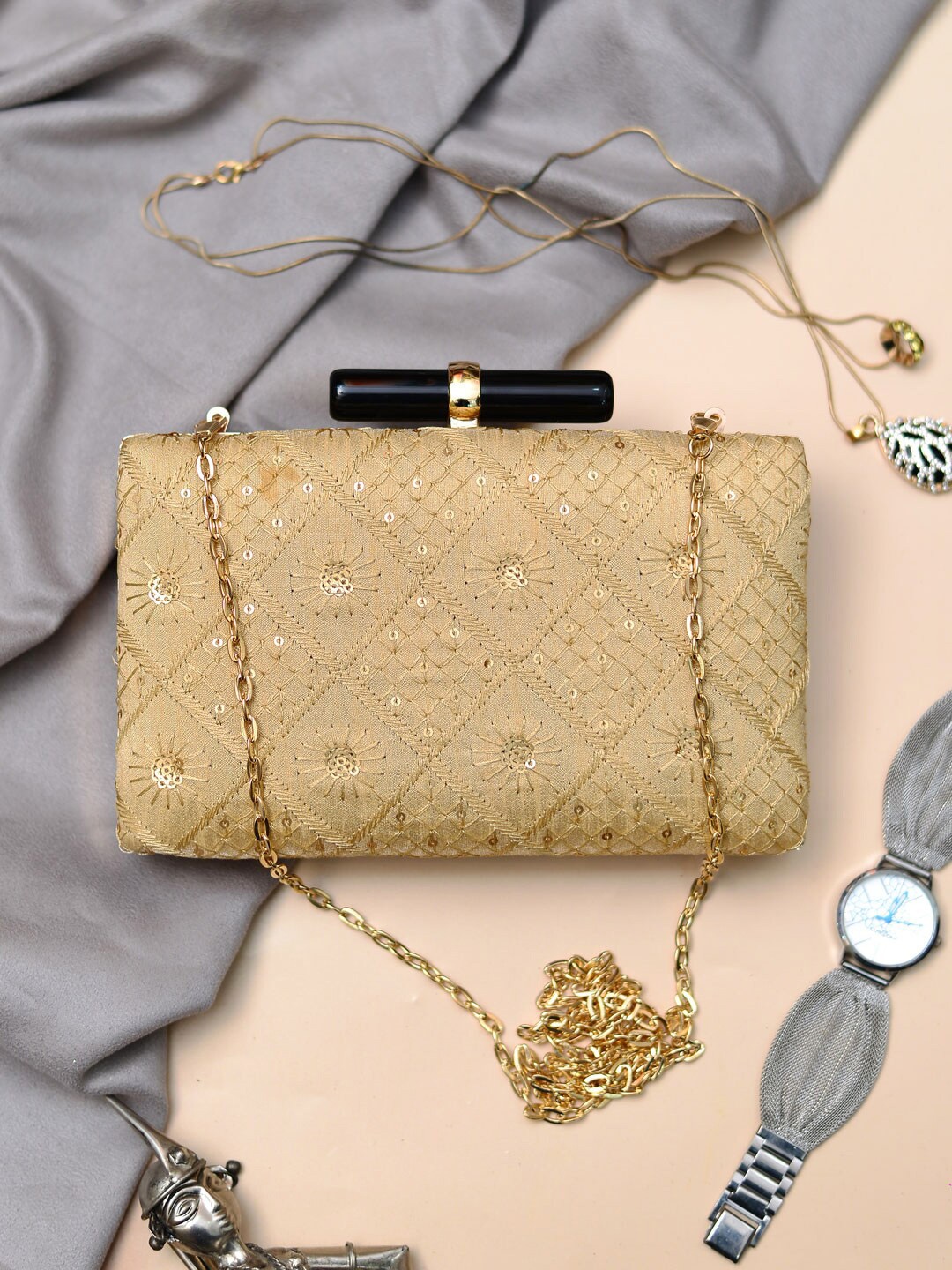 

ARTKLIM Embroidered Box Clutch, Beige