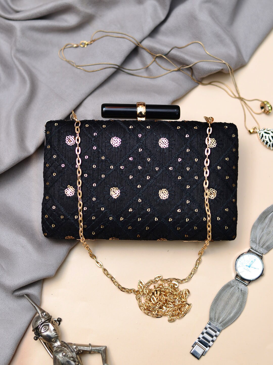 

ARTKLIM Embroidered Sequinned Box Clutch, Black