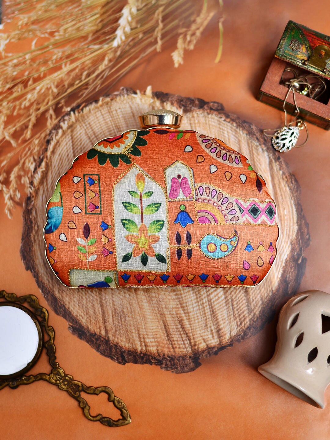 

ARTKLIM Embroidered Box Clutch, Orange