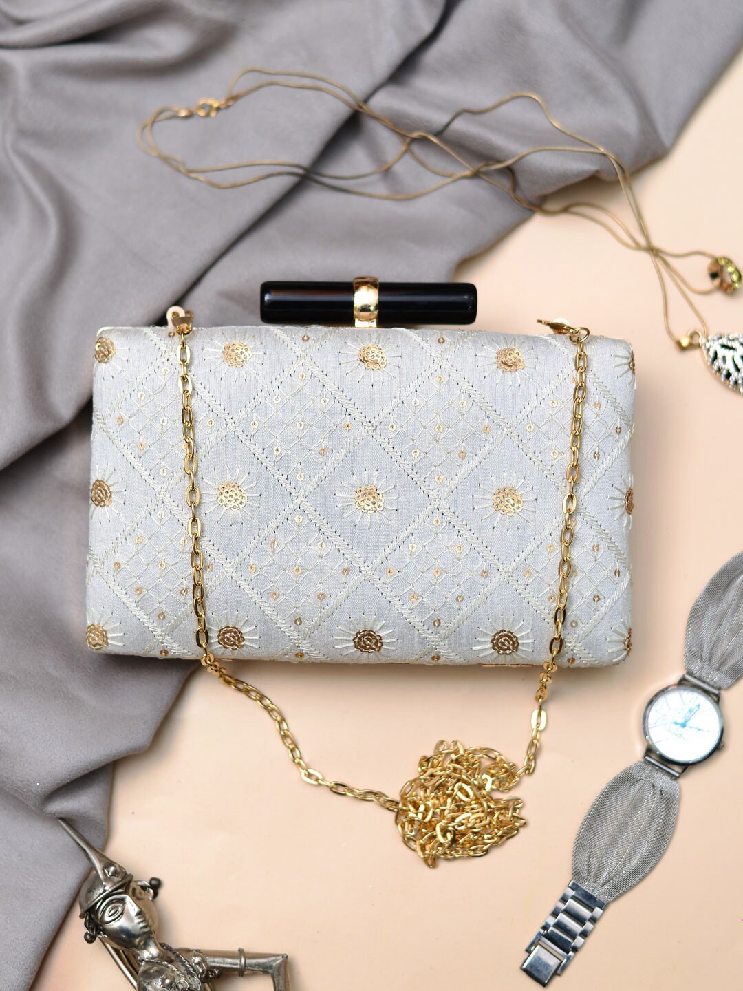 

ARTKLIM Embroidered Sequence Box Clutch, Blue