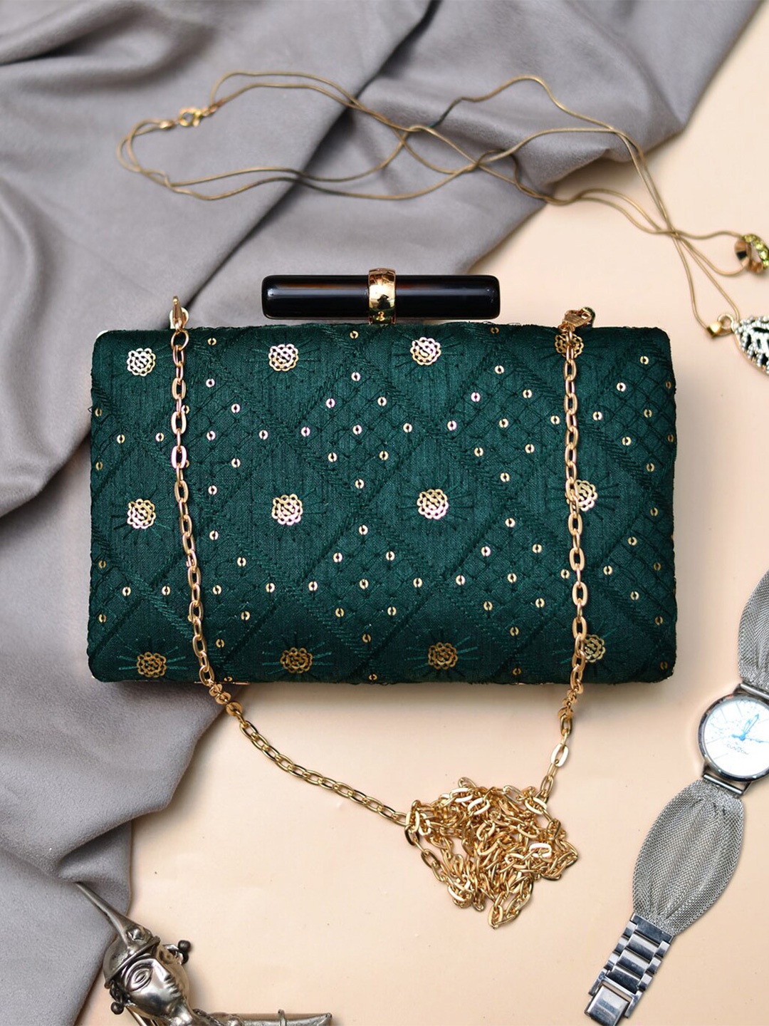 

ARTKLIM Embroidered Sequence Box Clutch, Green