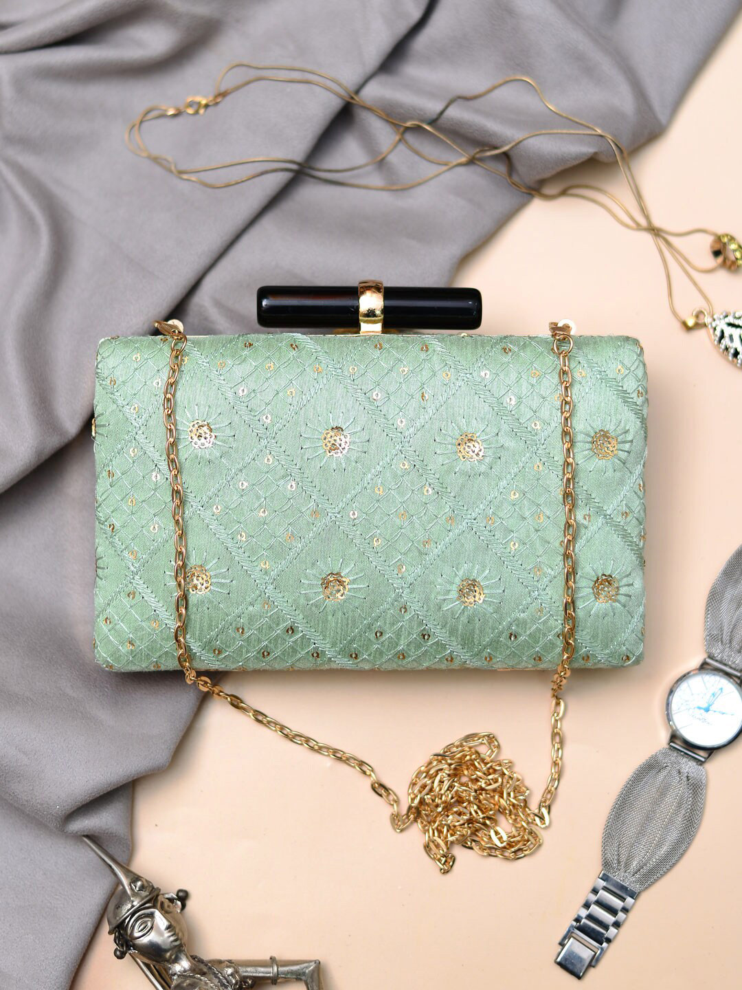 

ARTKLIM Embroidered Sequence Box Clutch, Green