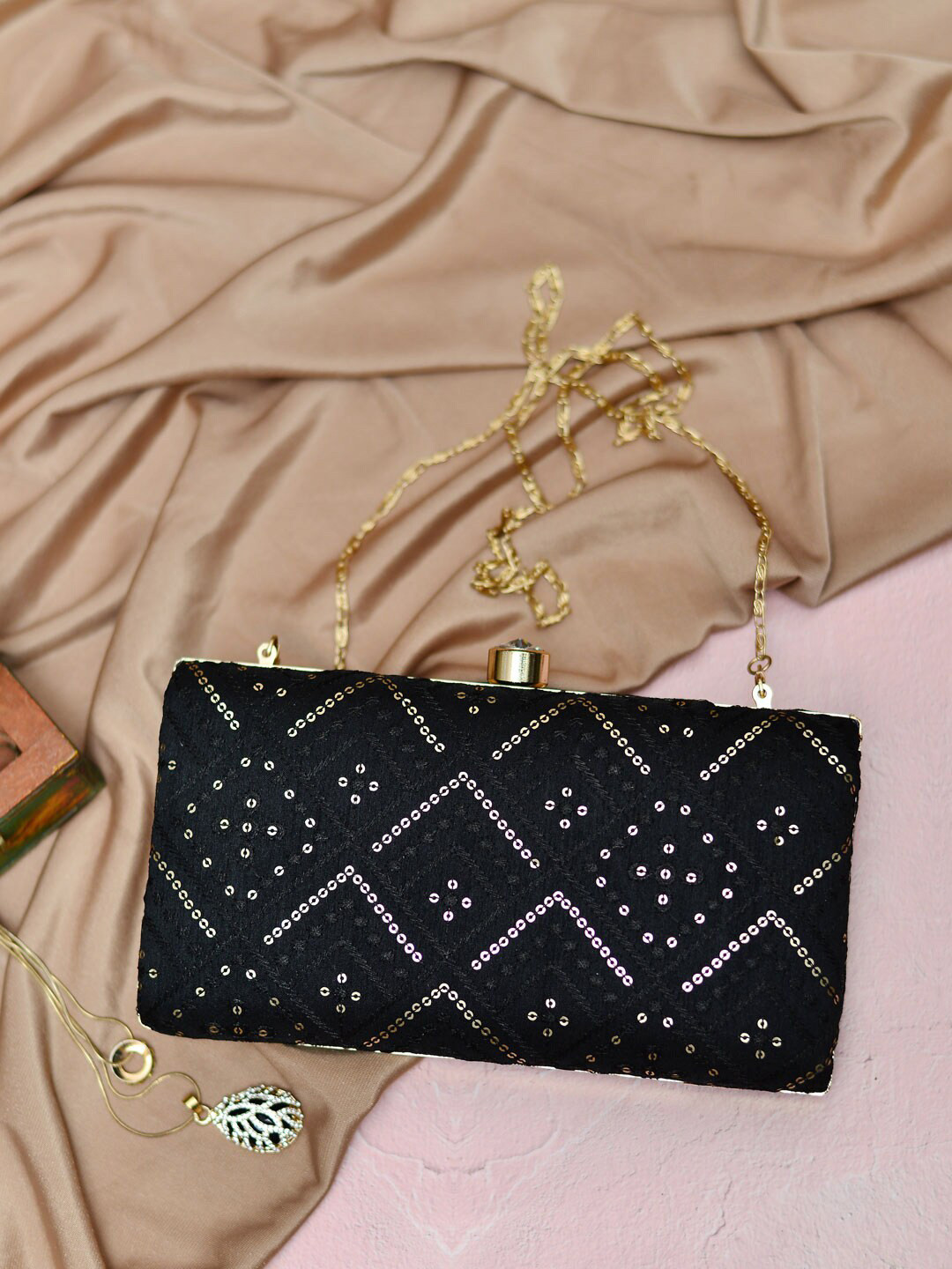 

ARTKLIM Embroidered Box Clutch, Black