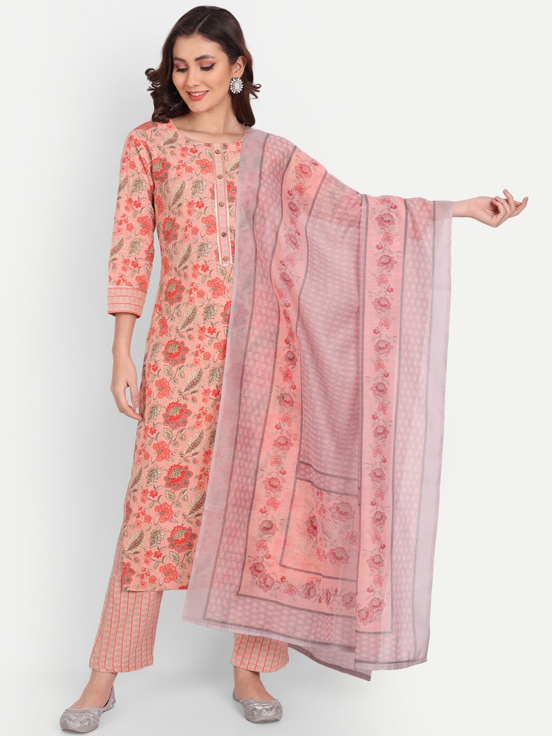 

Mclothings Women Floral Printed Pure Cotton Kurta with Trousers & Dupatta, Peach