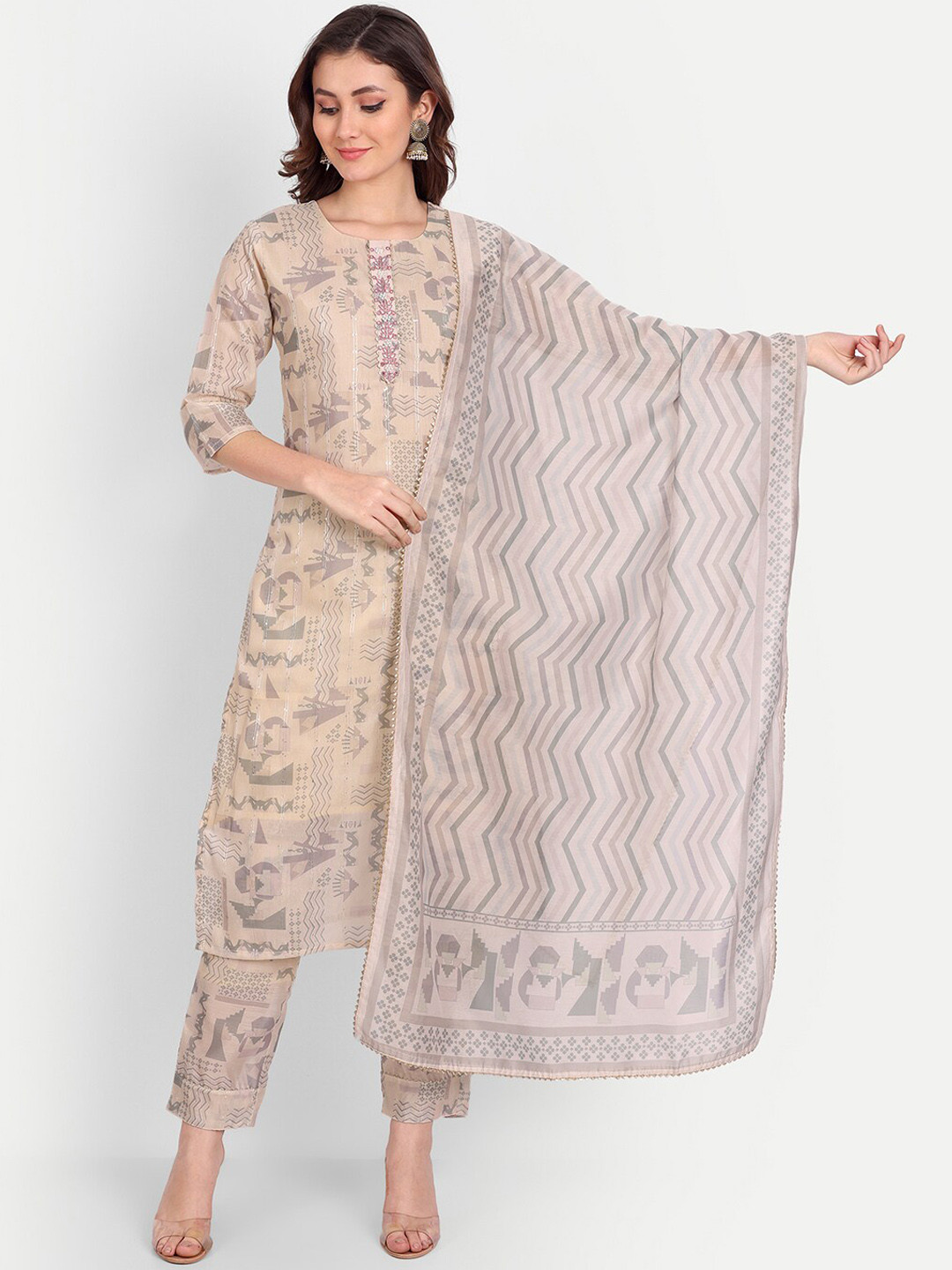 

Mclothings Women Printed Kurta with Trousers & Dupatta, Beige