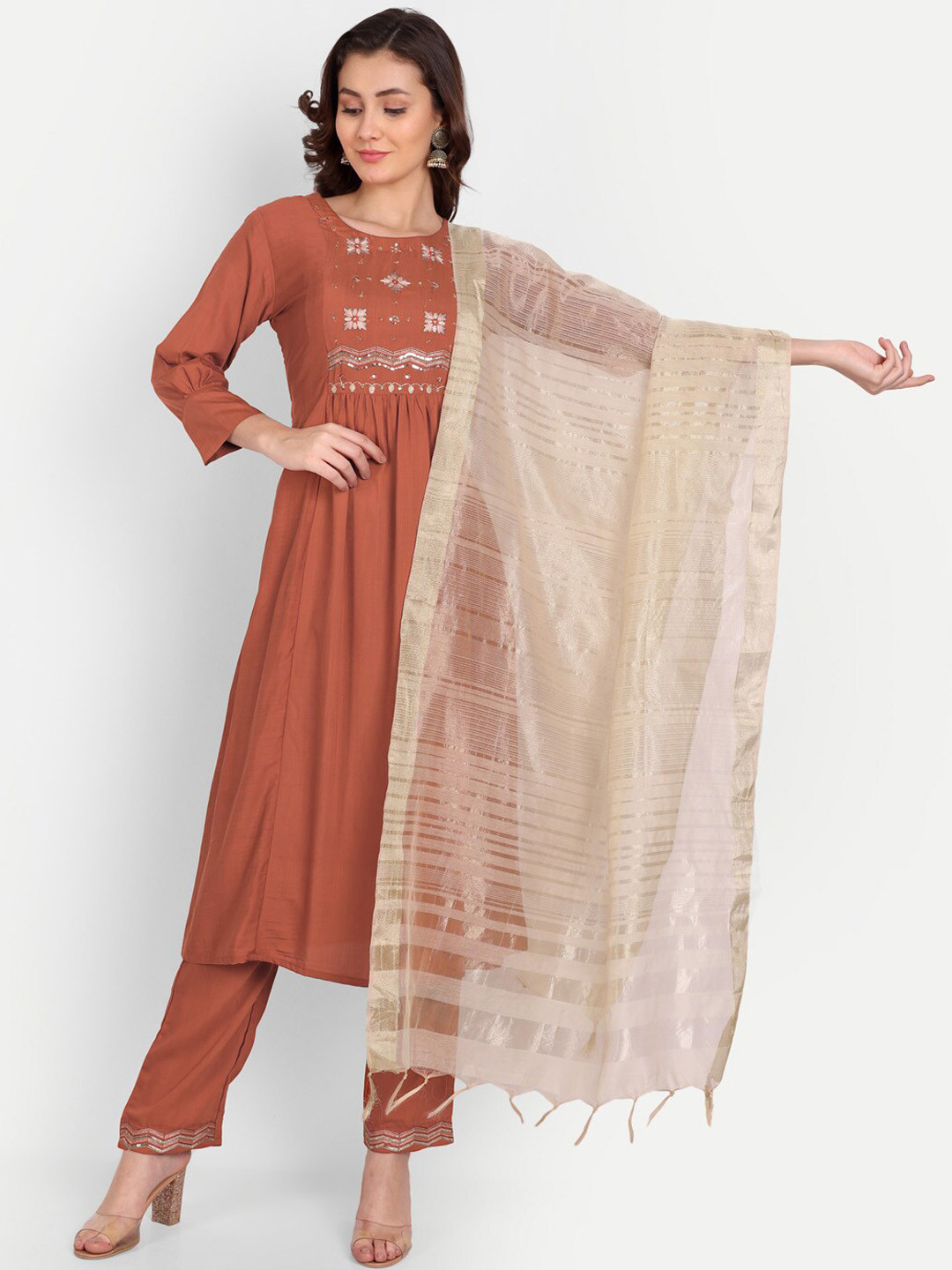 

Mclothings Women Floral Embroidered Thread Work Kurta with Trousers & Dupatta, Rust