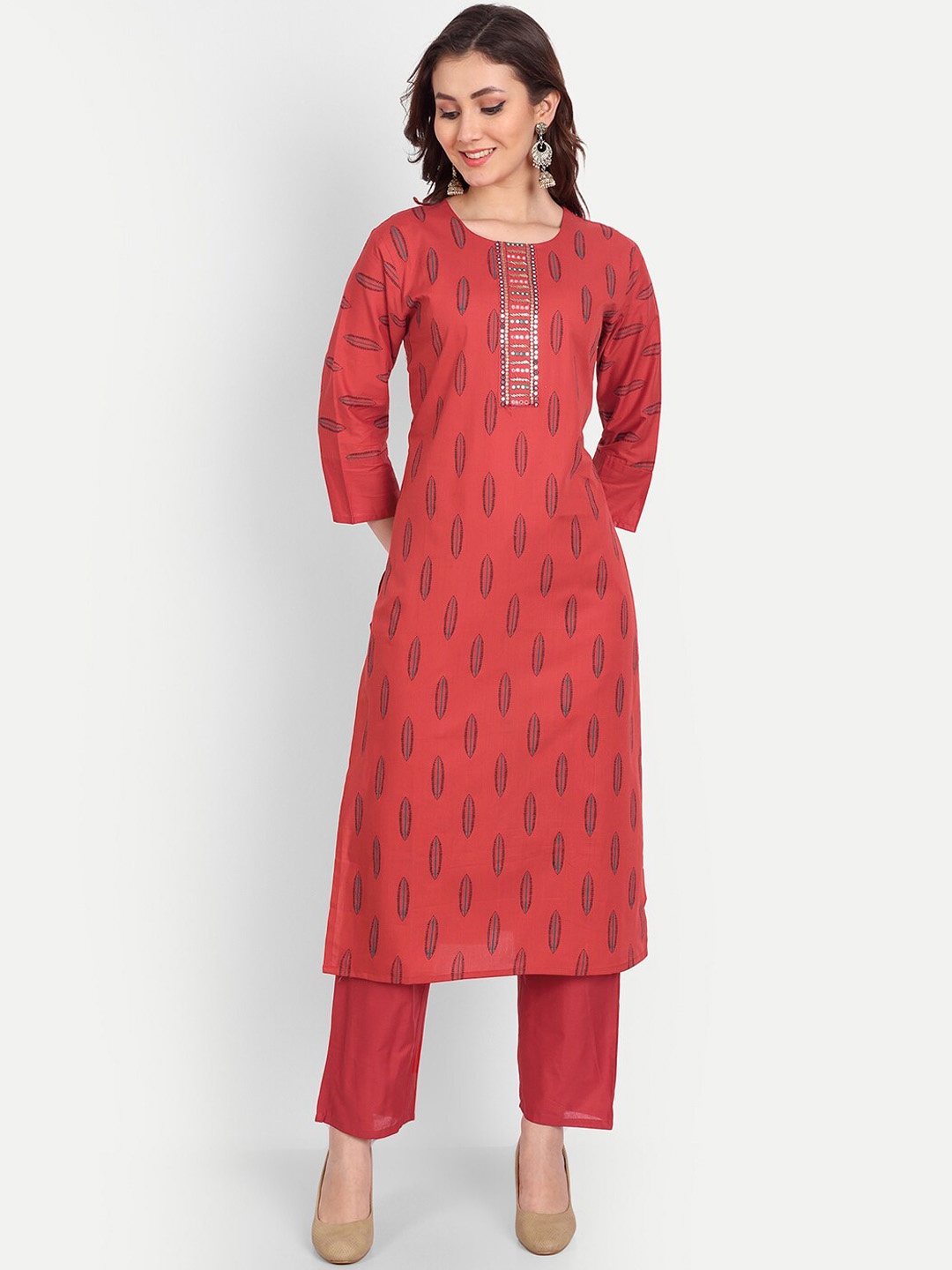 

Mclothings Women Printed Pure Cotton Kurta with Trousers, Red