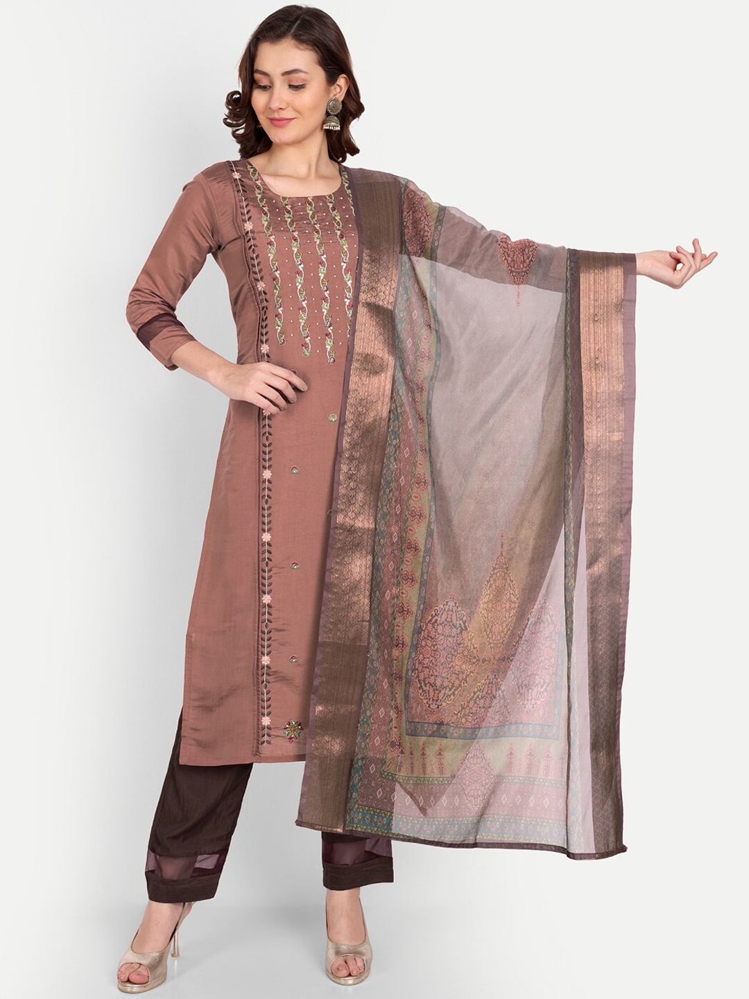 

Mclothings Women Floral Embroidered Thread Work Kurta with Trousers & Dupatta, Brown
