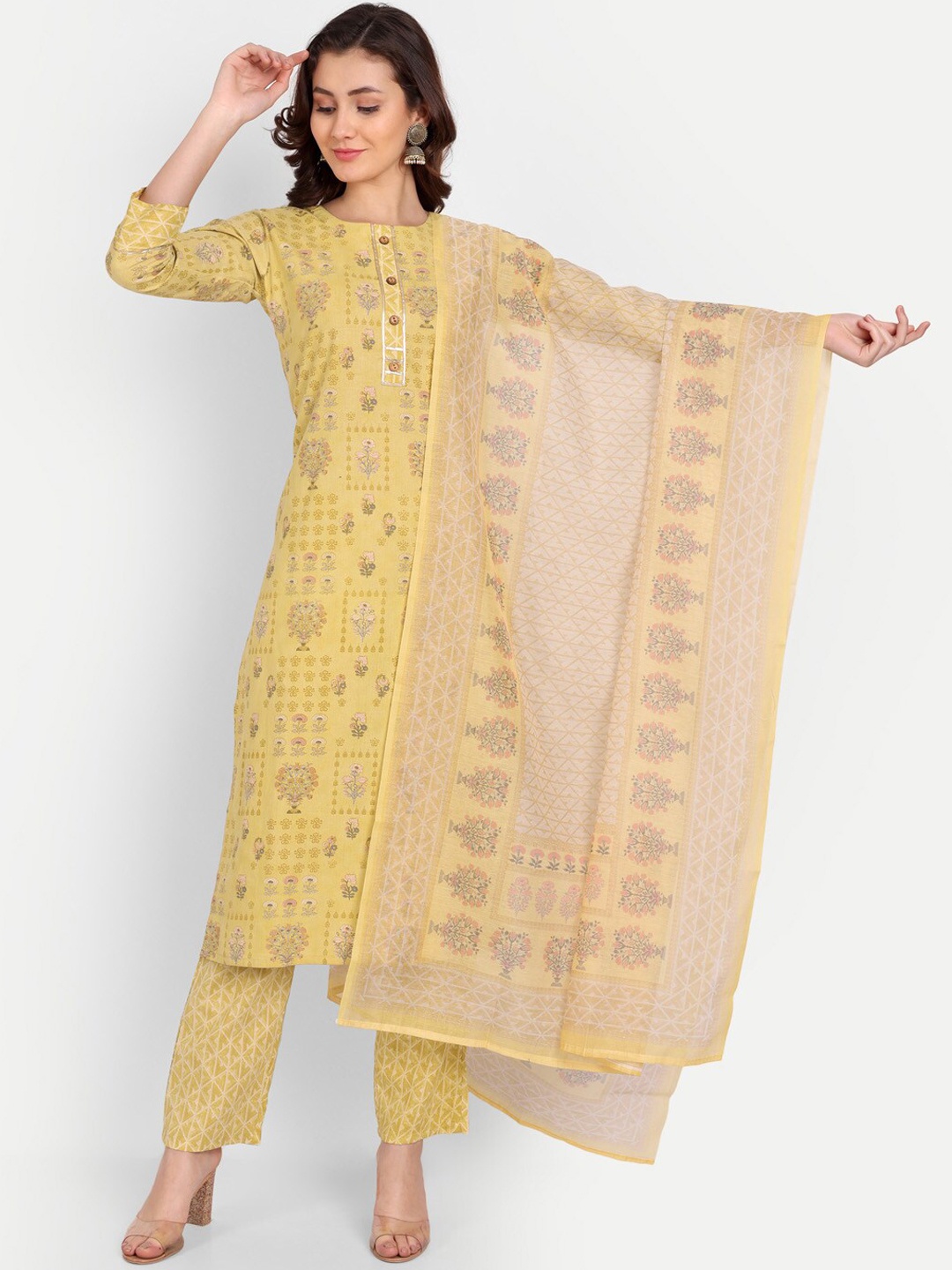 

Mclothings Women Floral Printed Pure Cotton Kurta with Trousers & Dupatta, Yellow