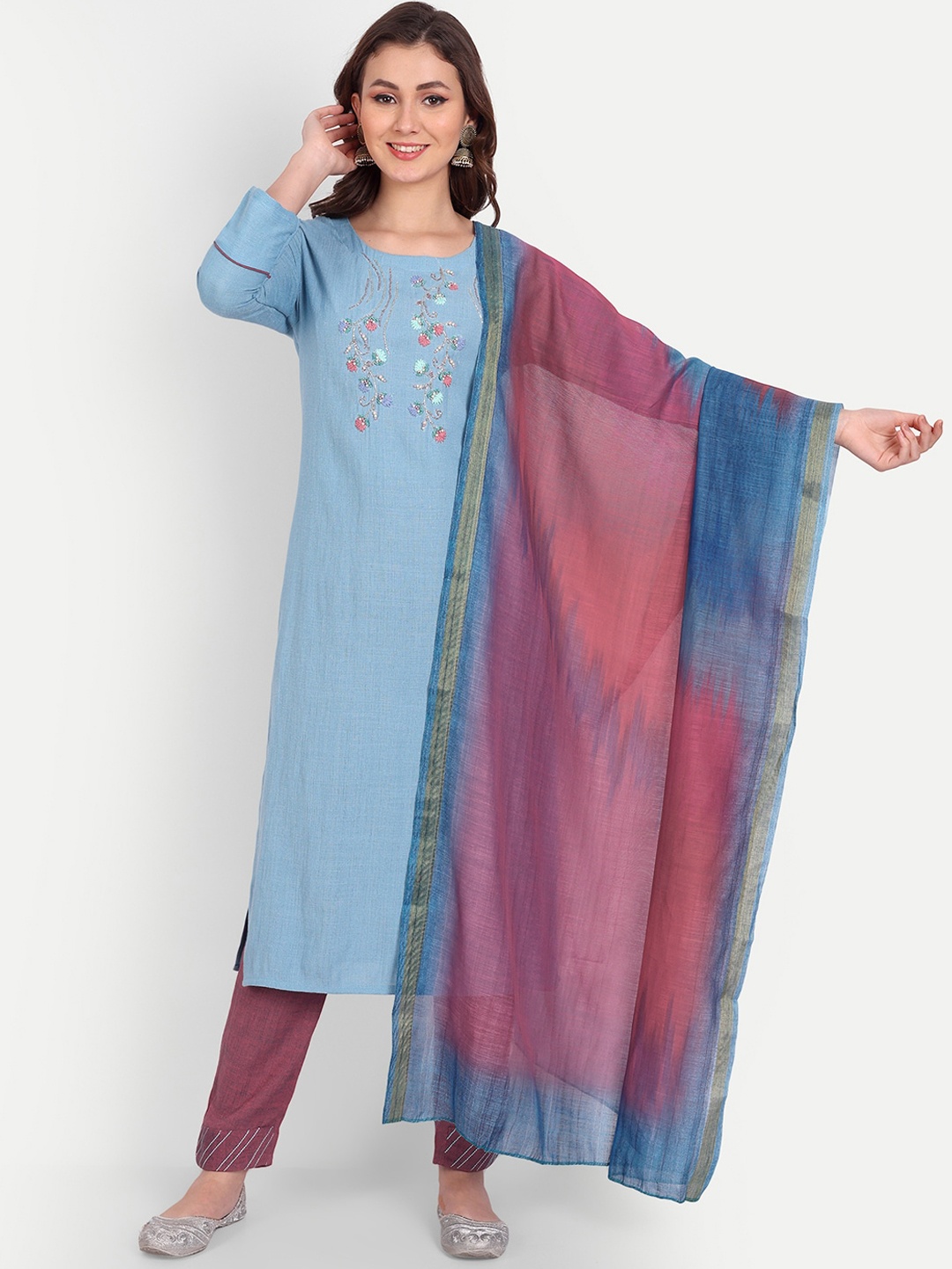 

Mclothings Women Floral Embroidered Kurta with Trousers & Dupatta, Blue