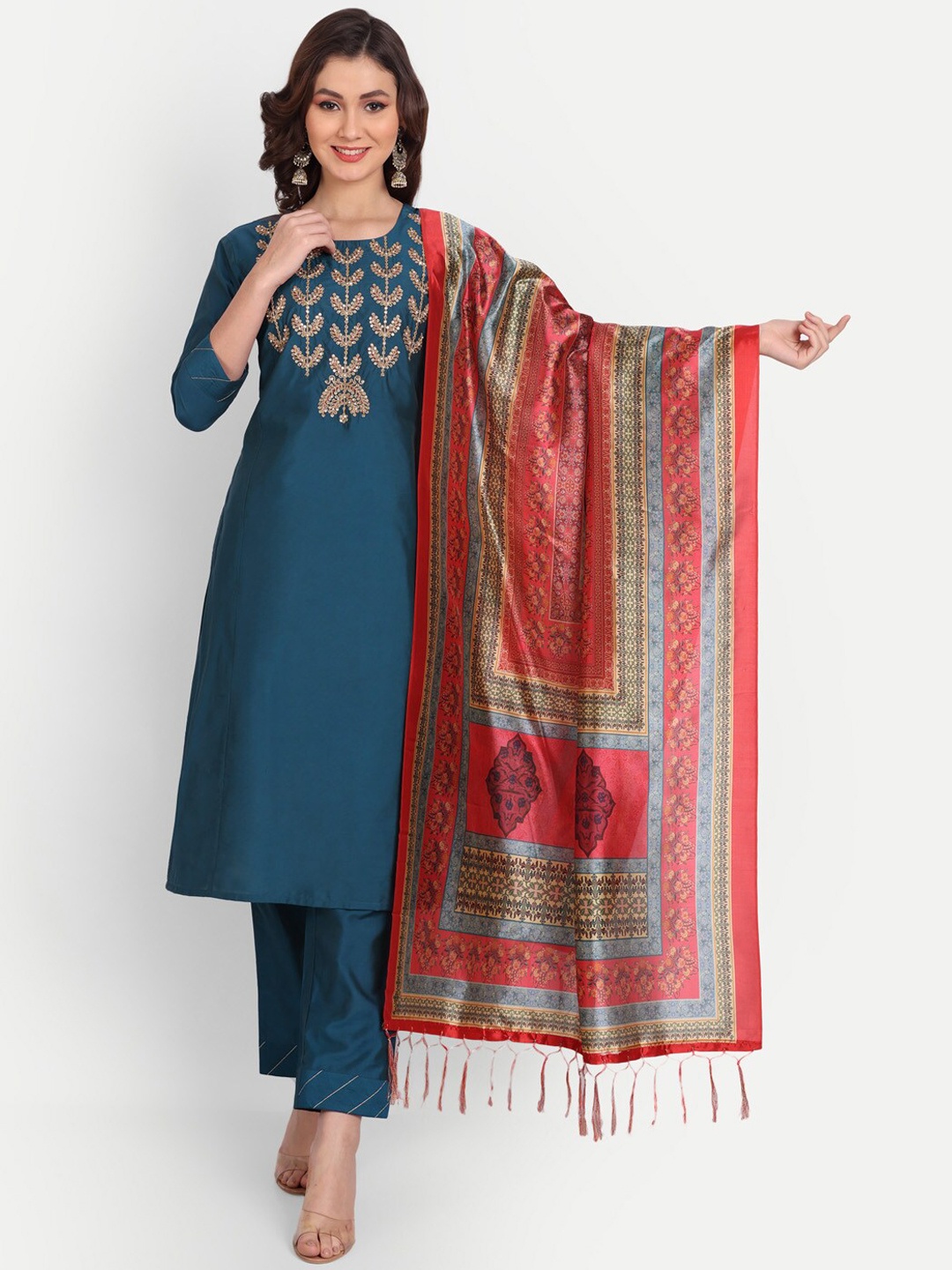 

Mclothings Women Ethnic Motifs Embroidered Sequinned Kurta with Trousers & Dupatta, Blue