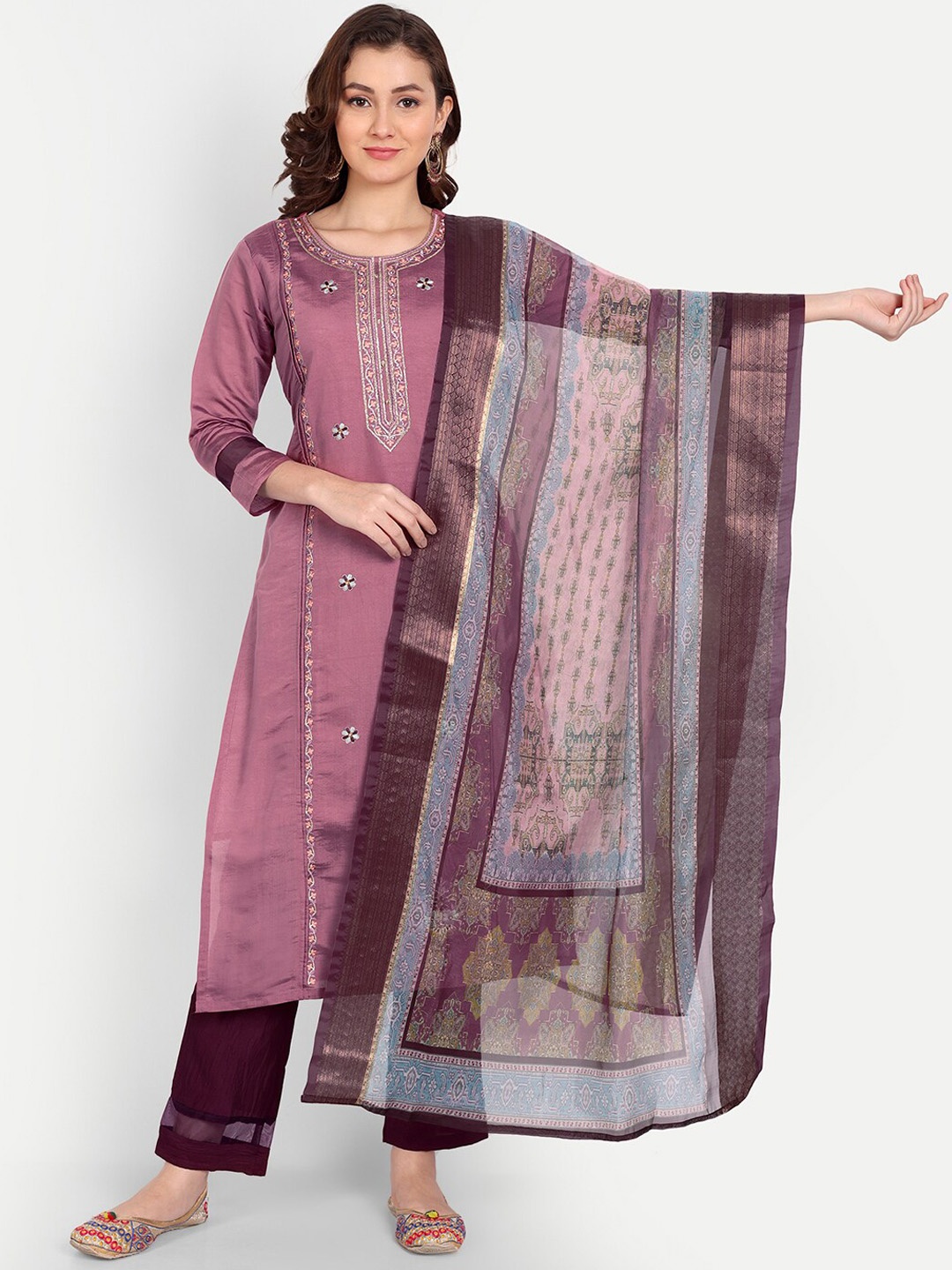 

Mclothings Women Floral Embroidered Panelled Thread Work Kurta with Trousers & Dupatta, Mauve
