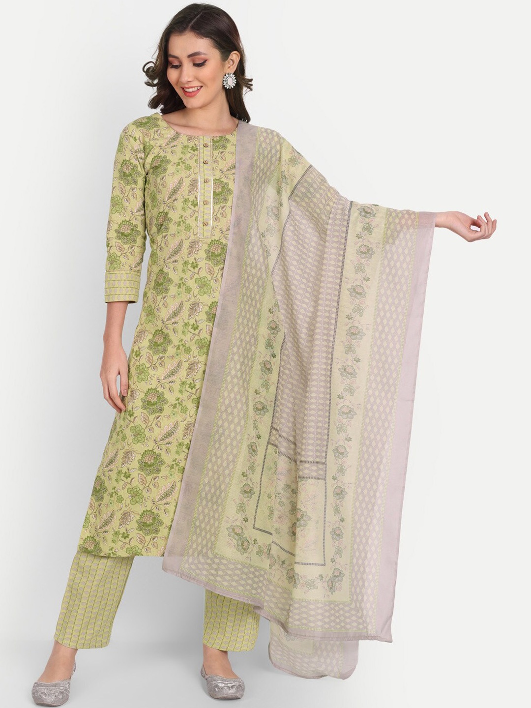 

Mclothings Women Floral Printed Pure Cotton Kurta with Trousers & Dupatta, Lime green