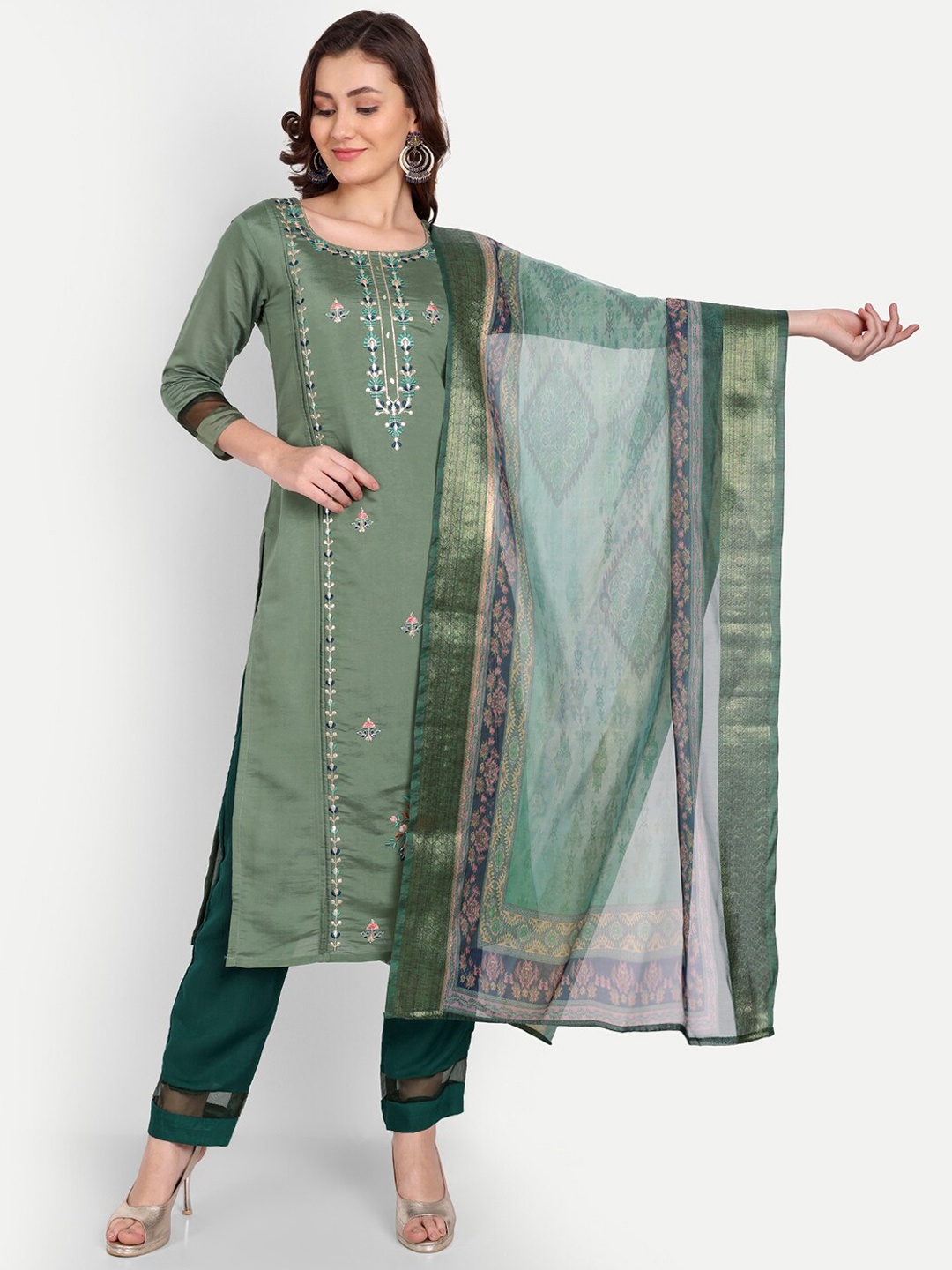 

Mclothings Women Ethnic Motifs Embroidered Thread Work Kurta with Trousers & Dupatta, Green