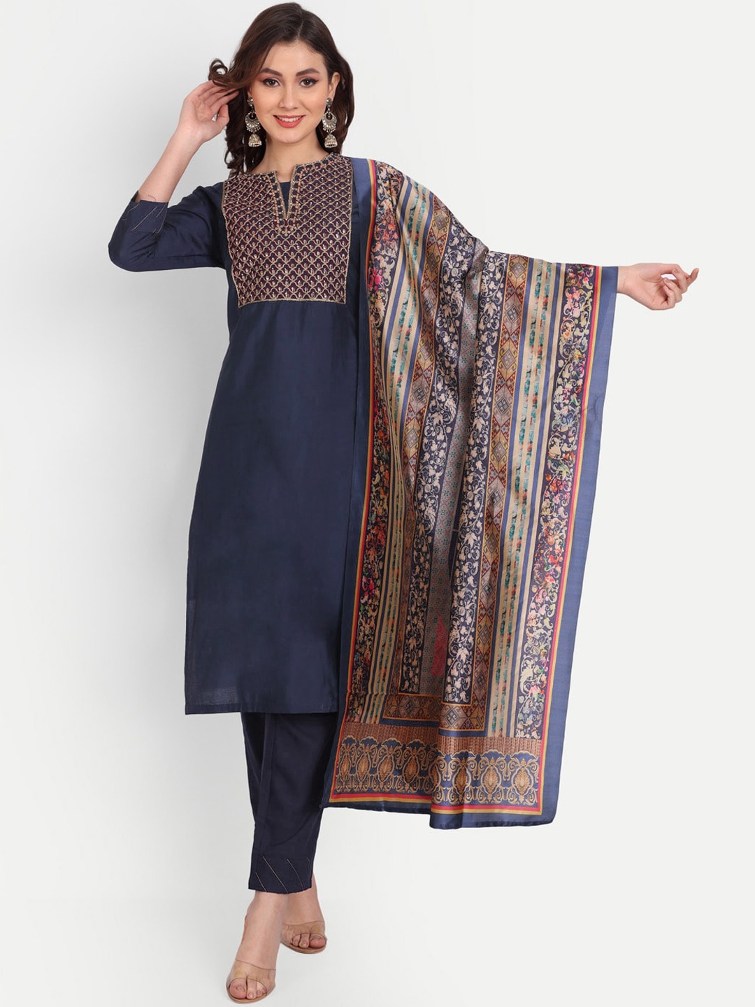

Mclothings Women Ethnic Motifs Embroidered Sequinned Kurta with Trousers & Dupatta, Blue