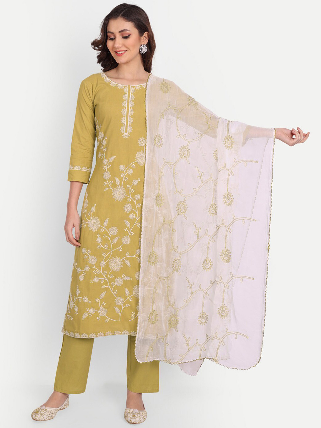 

Mclothings Women Embroidered Thread Work Pure Cotton Kurta with Trousers & Dupatta, Yellow