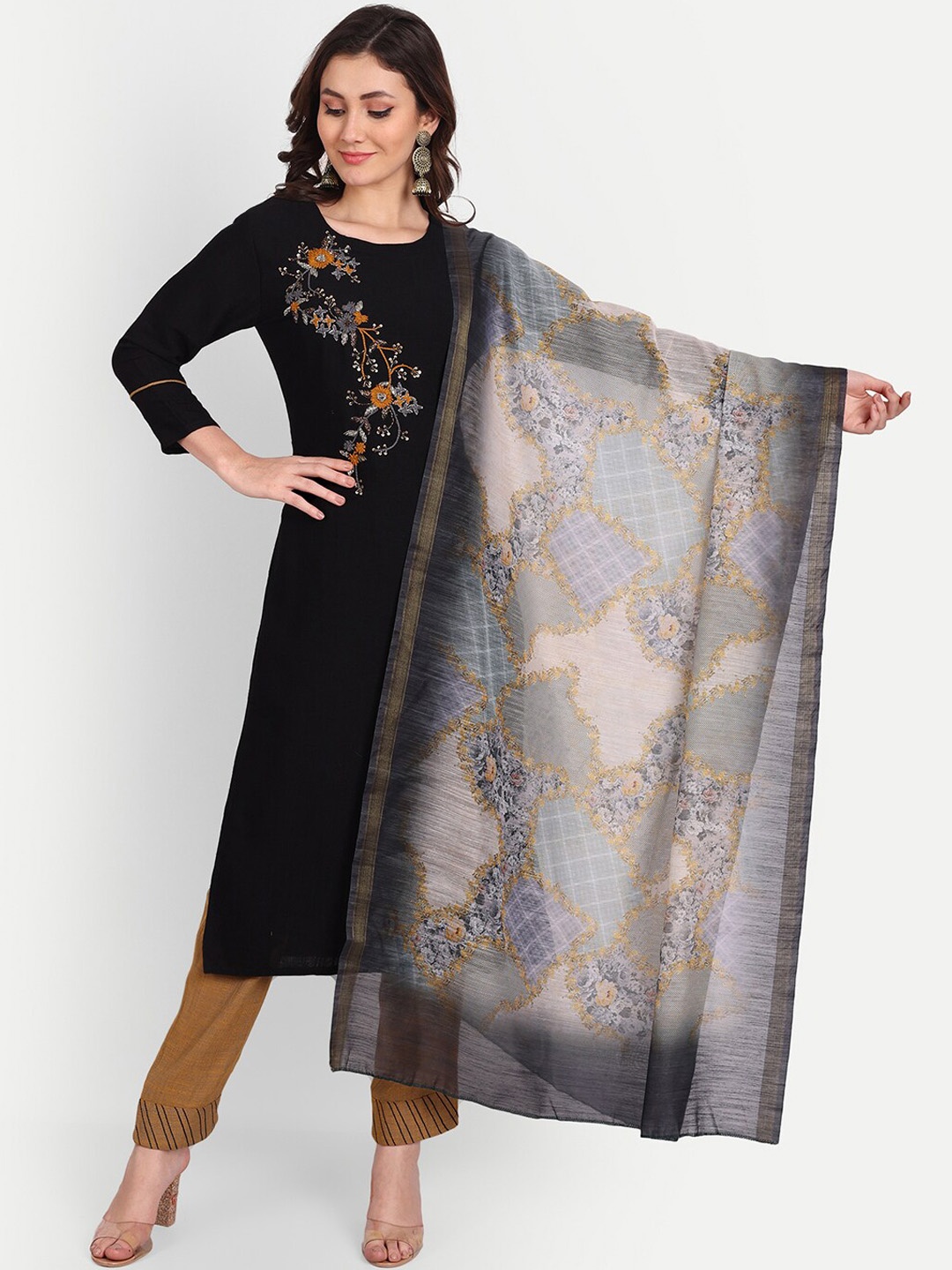 

Mclothings Women Floral Embroidered Thread Work Kurta with Trousers & Dupatta, Black
