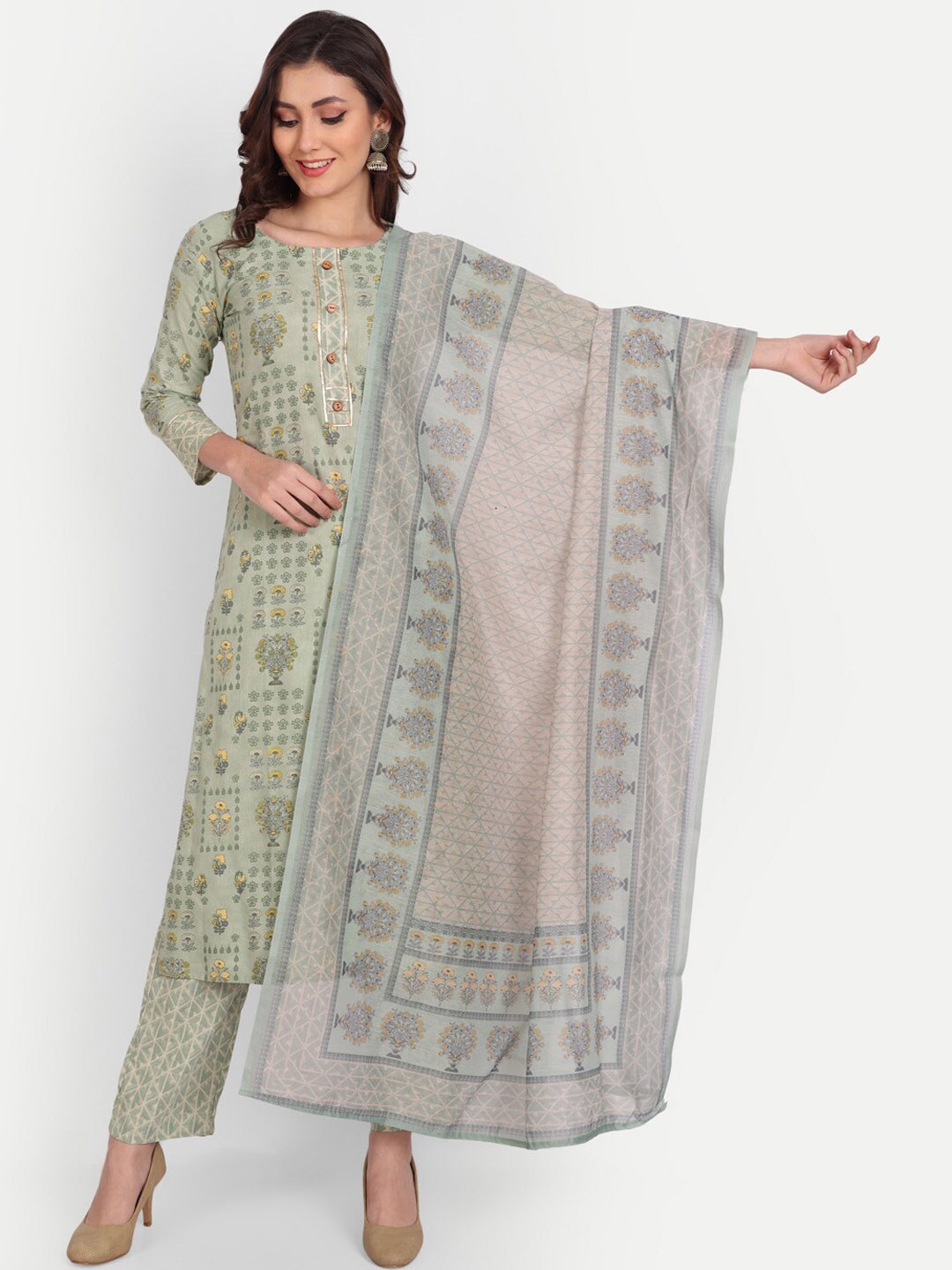 

Mclothings Women Floral Printed Pure Cotton Kurta with Trousers & Dupatta, Grey