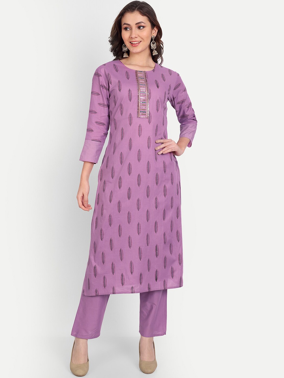 

Mclothings Women Ethnic Motifs Printed Mirror Work Pure Cotton Kurta with Trousers, Purple