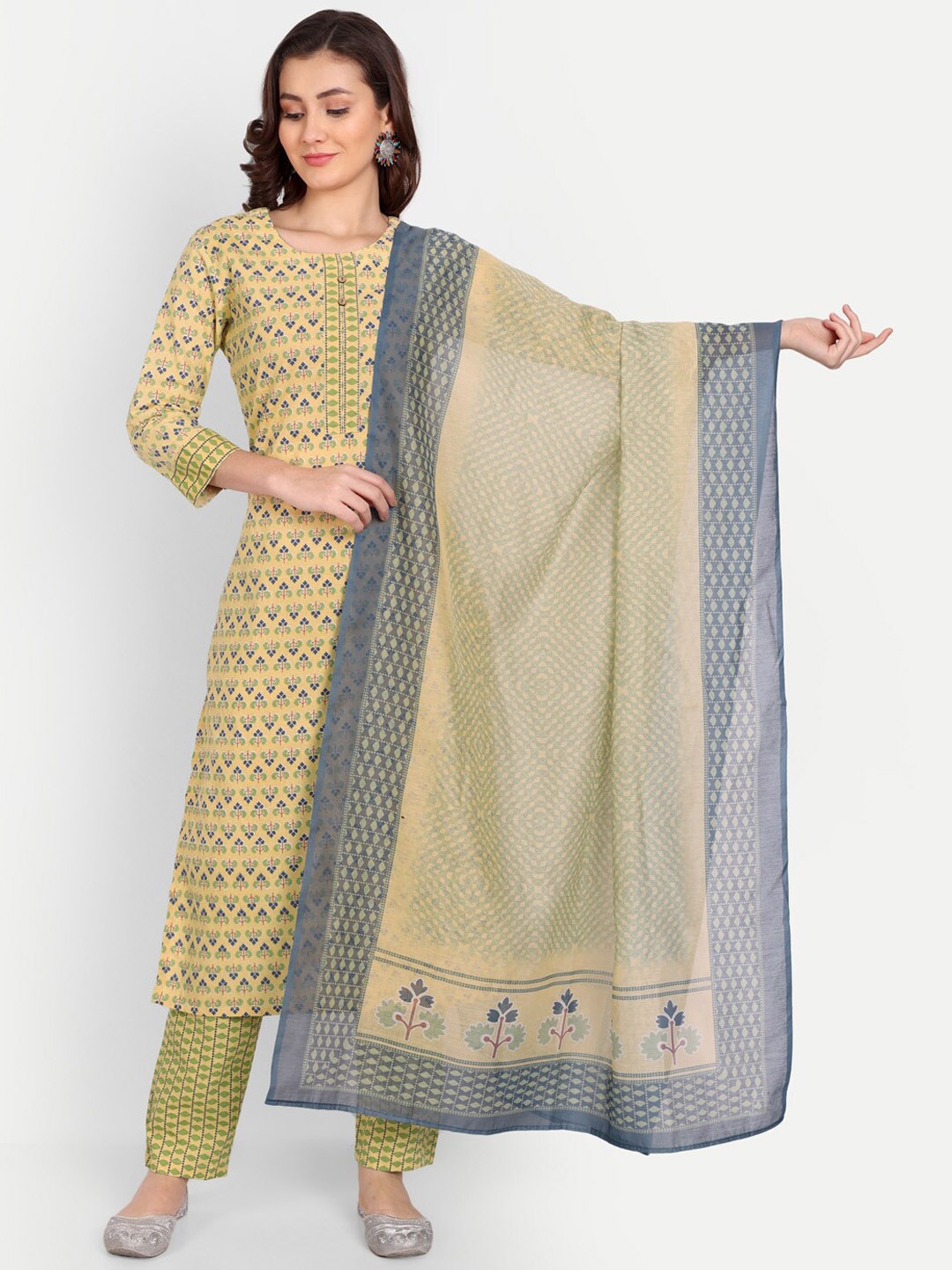 

Mclothings Women Ethnic Motifs Printed Pure Cotton Kurta with Trousers & Dupatta, Peach