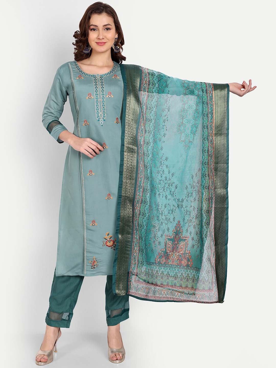 

Mclothings Women Ethnic Motifs Panelled Thread Work Kurta with Trousers & Dupatta, Blue